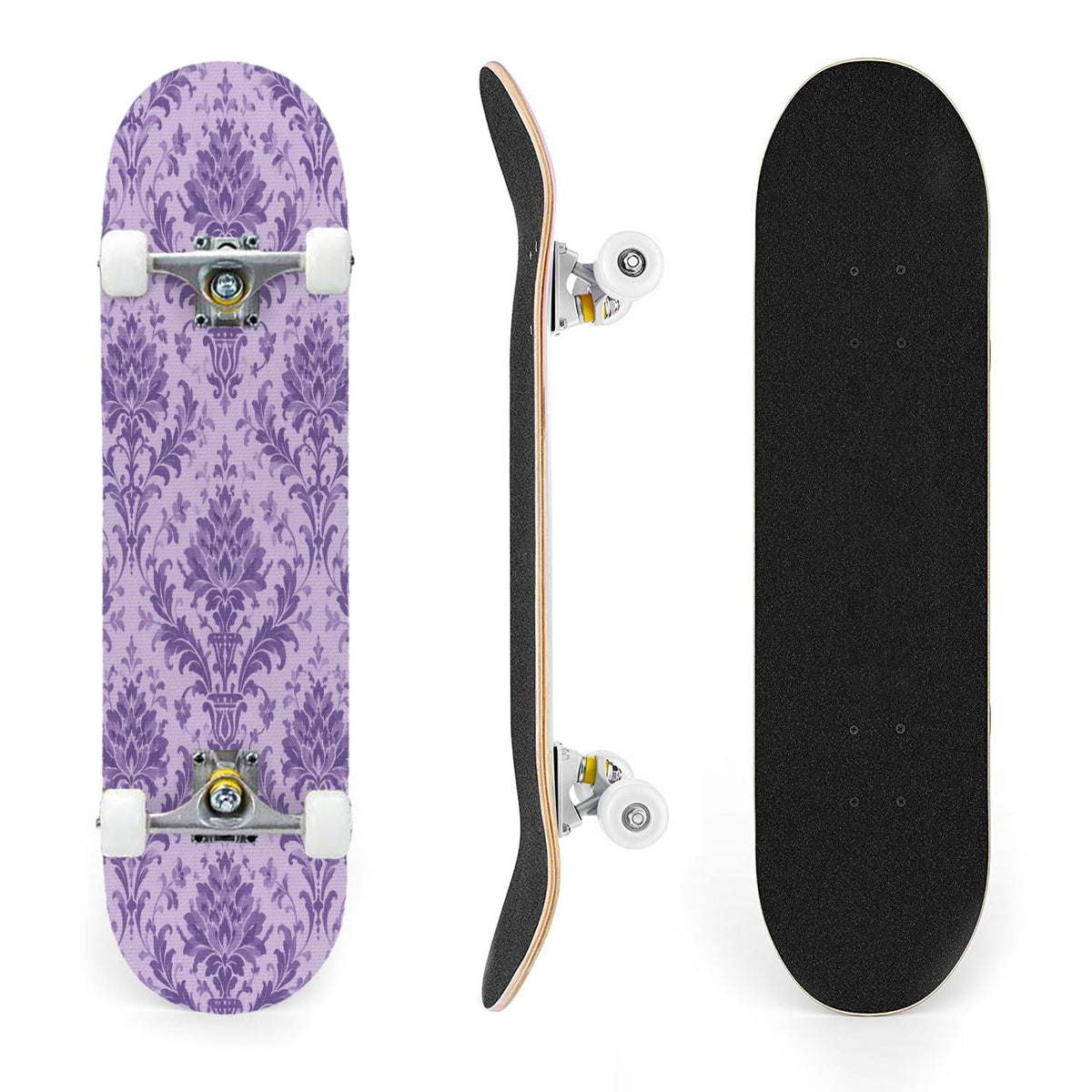 31"x8" Complete Skateboards for Beginners, Vibrant Purple Teal Floral Artwork Golden Accents Vintage Double Kick 7 Ply Canadian Maple Deck Skateboard with Wheels, Gifts for Kids Teens