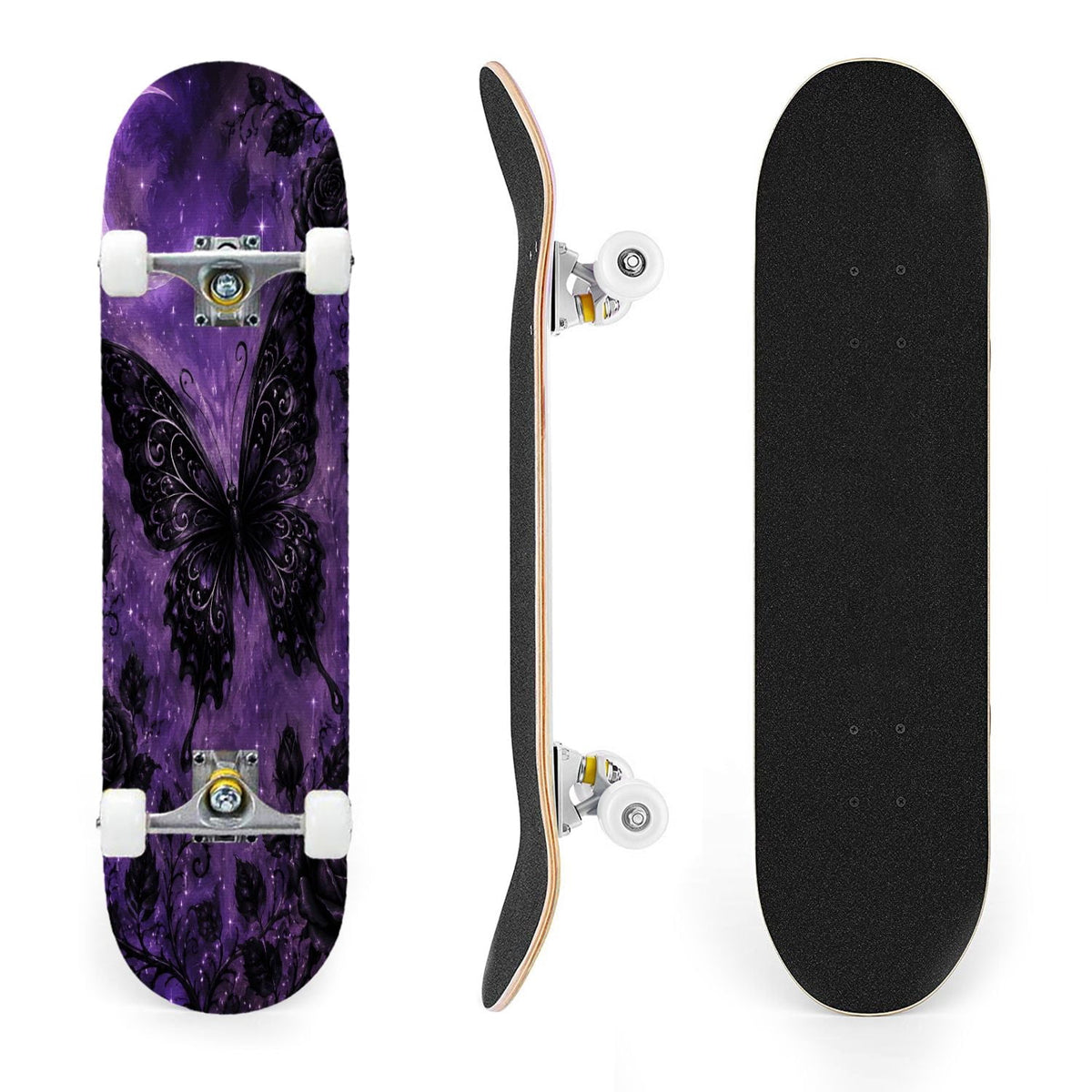 31"x8" Complete Skateboards for Beginners, Purple Floral Roses Butterfly Starry Vintage Botanical Double Kick 7 Ply Canadian Maple Deck Skateboard with Wheels, Gifts for Kids Teens