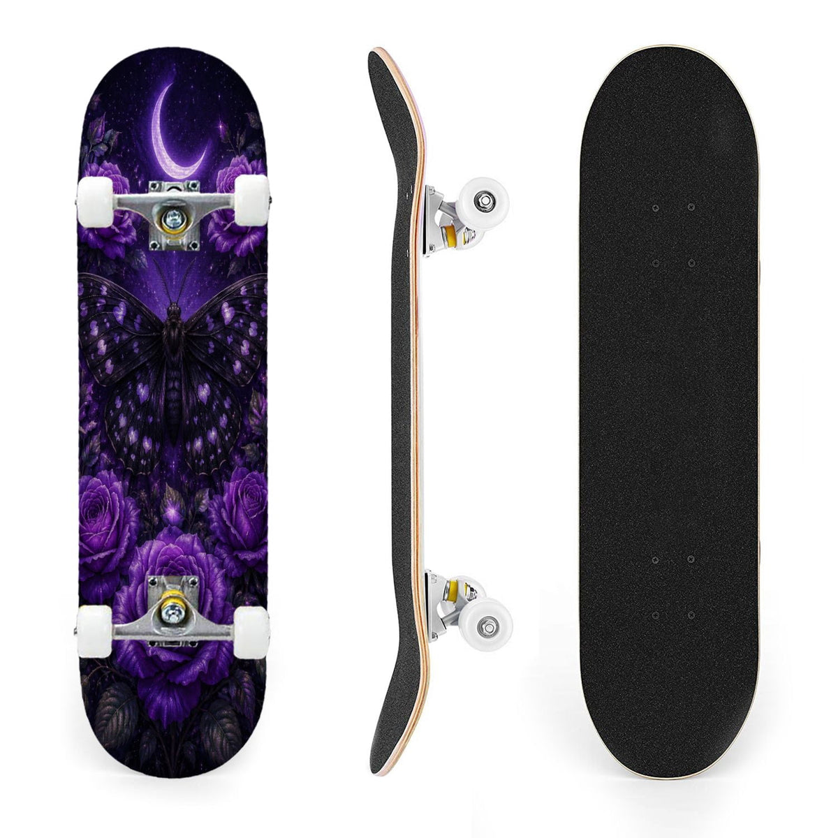 31"x8" Complete Skateboards for Beginners, Purple Floral Roses Butterfly Starry Vintage Botanical Double Kick 7 Ply Canadian Maple Deck Skateboard with Wheels, Gifts for Kids Teens