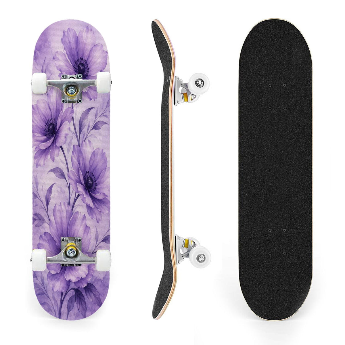31"x8" Complete Skateboards for Beginners, Colorful Mushroom Floral Magical Night Forest Vintage Double Kick 7 Ply Canadian Maple Deck Skateboard with Wheels, Gifts for Kids Teens