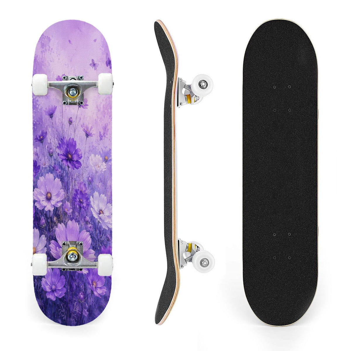 31"x8" Complete Skateboards for Beginners, Purple White Cosmos Flowers Butterflies Watercolor Double Kick 7 Ply Canadian Maple Deck Skateboard with Wheels, Gifts for Kids Teens