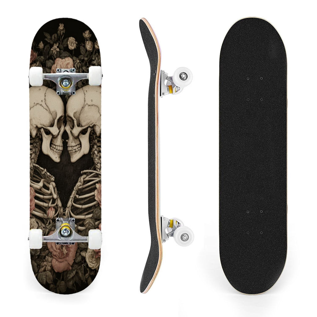 31"x8" Complete Skateboards for Beginners, Romantic Skeletons Blooming Roses Dark Academia Double Kick 7 Ply Canadian Maple Deck Skateboard with Wheels, Gifts for Kids Teens