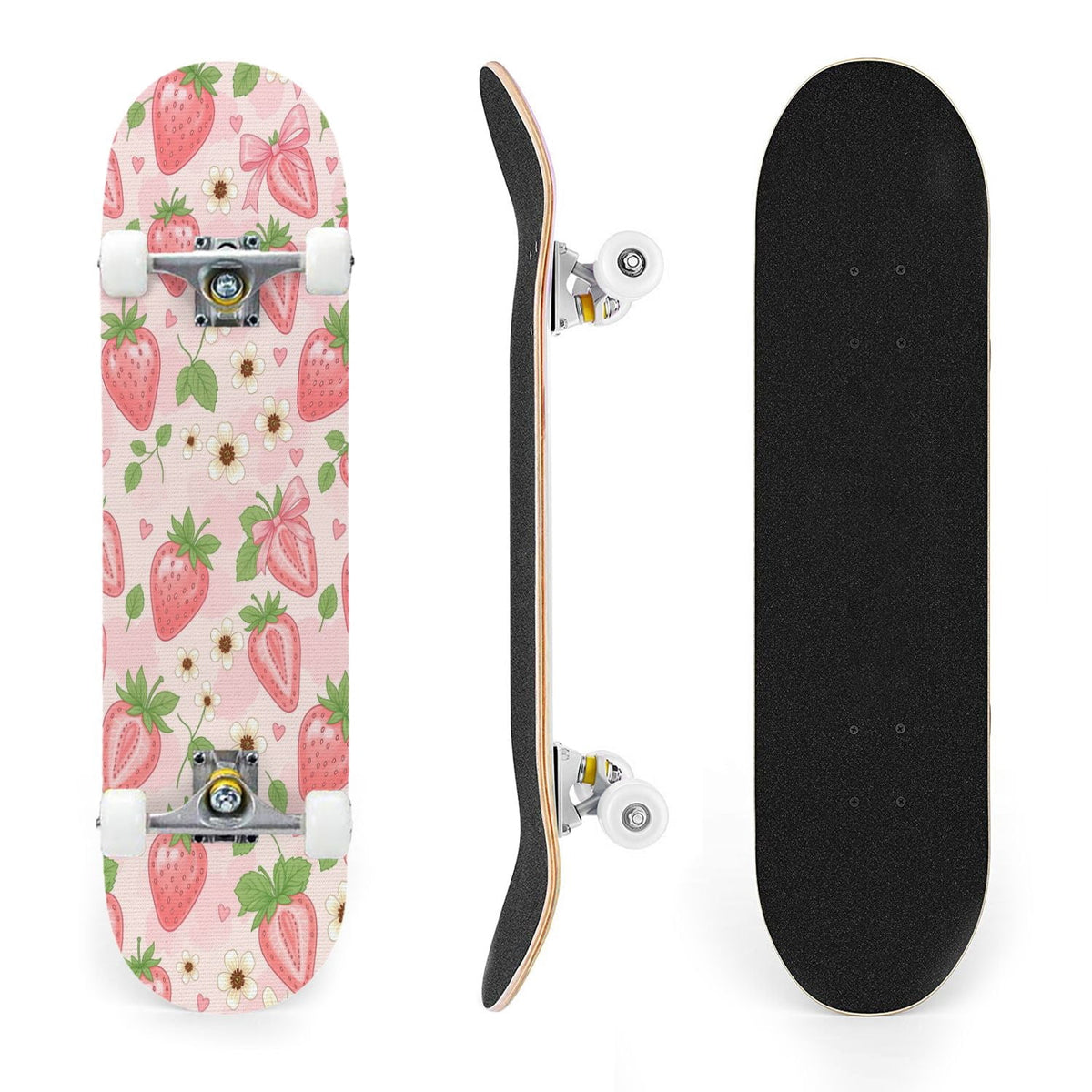 31"x8" Complete Skateboards for Beginners, Seamless Pink Peony Floral Cream Double Kick 7 Ply Canadian Maple Deck Skateboard with Wheels, Gifts for Girls Teens