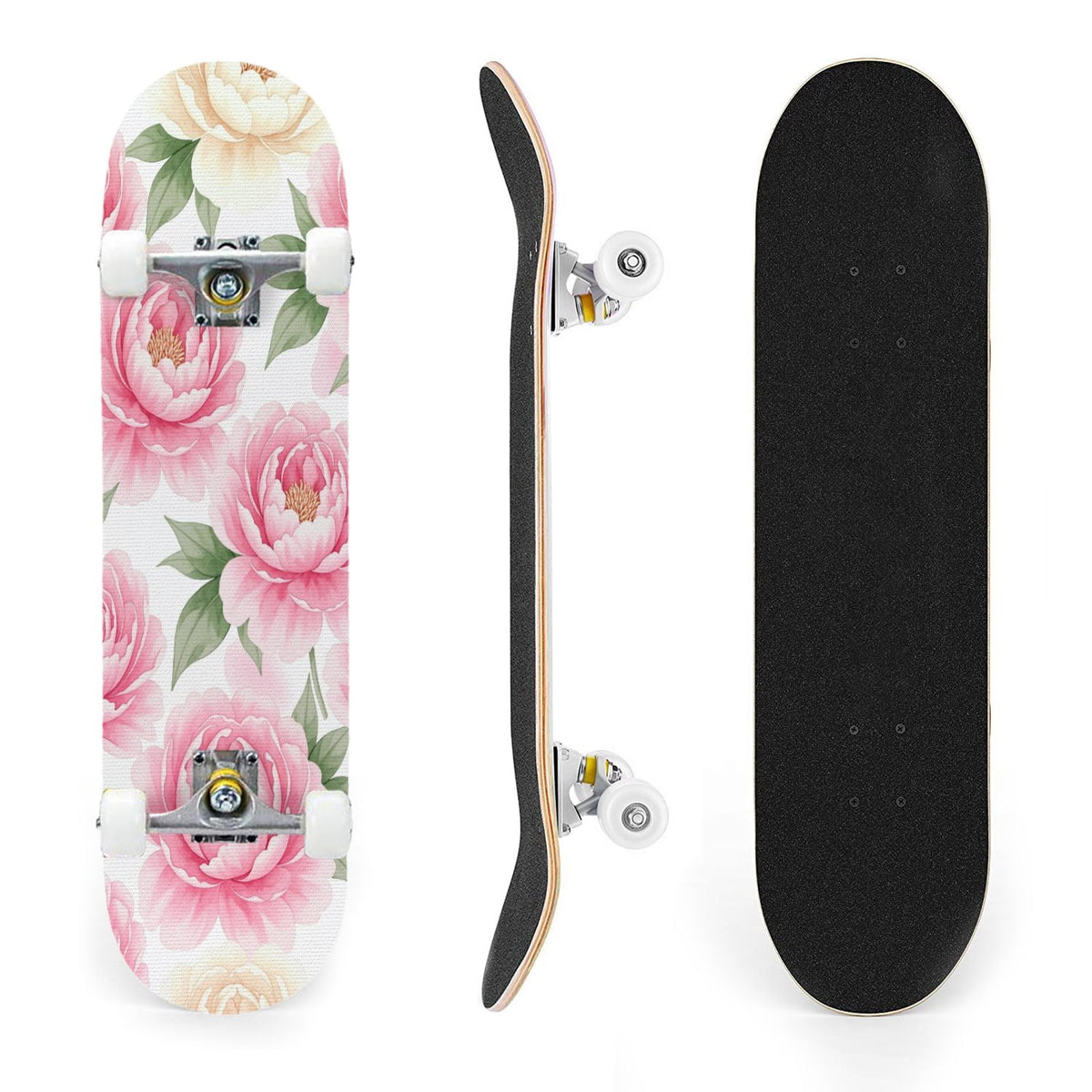 31"x8" Complete Skateboards for Beginners, Seamless Pink Peony Floral Cream Double Kick 7 Ply Canadian Maple Deck Skateboard with Wheels, Gifts for Girls Teens