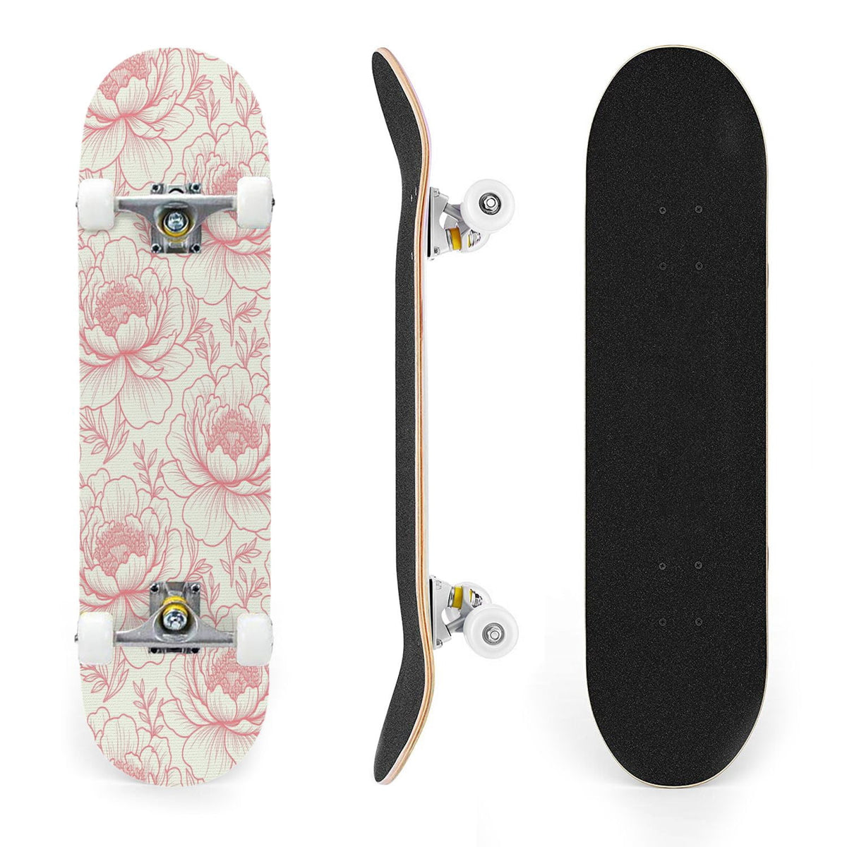 31"x8" Complete Skateboards for Beginners, Seamless Pink Peony Floral Cream Double Kick 7 Ply Canadian Maple Deck Skateboard with Wheels, Gifts for Girls Teens