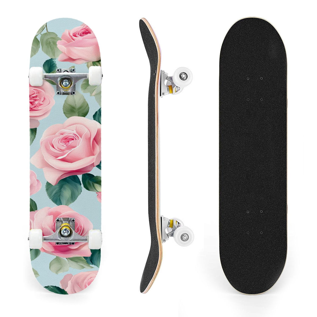 31"x8" Complete Skateboards for Beginners, Elegant Pink Red Roses Green Leaves Dark Double Kick 7 Ply Canadian Maple Deck Skateboard with Wheels, Gifts for Kids Teens
