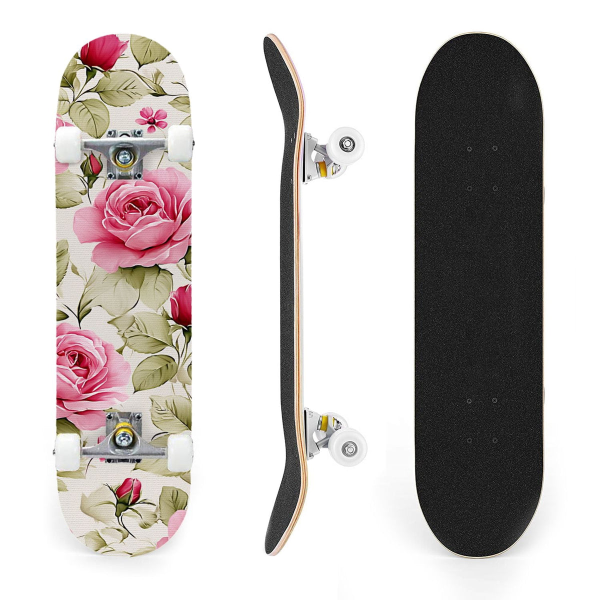 31"x8" Complete Skateboards for Beginners, Elegant Pink Red Roses Green Leaves Dark Double Kick 7 Ply Canadian Maple Deck Skateboard with Wheels, Gifts for Kids Teens