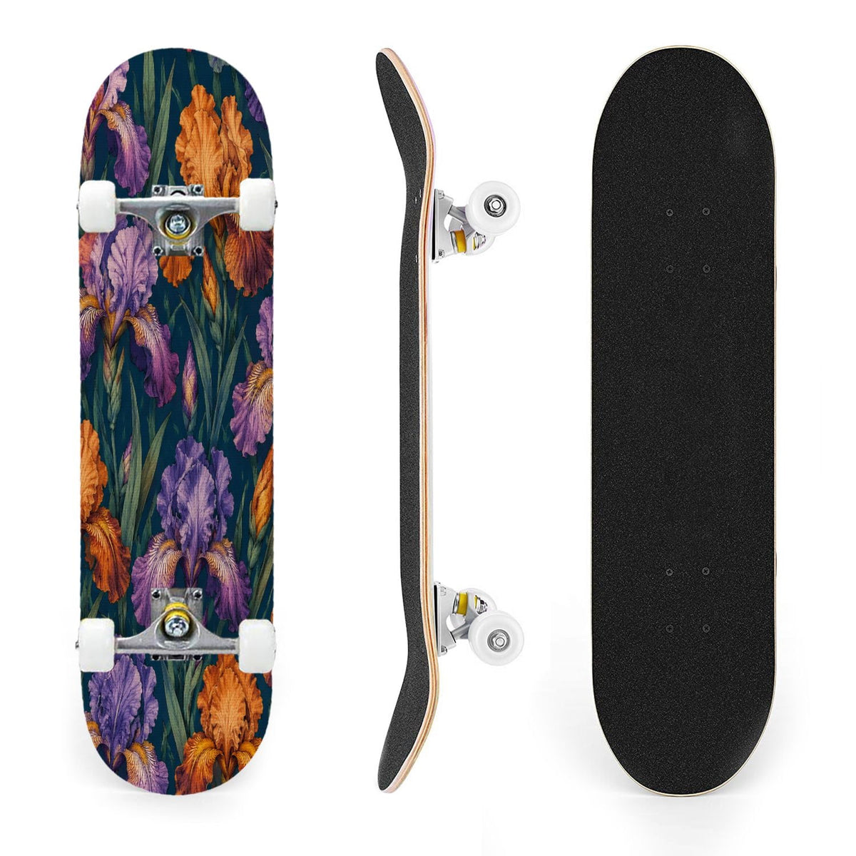 31"x8" Complete Skateboards for Beginners, Vibrant Purple Teal Floral Artwork Golden Accents Vintage Double Kick 7 Ply Canadian Maple Deck Skateboard with Wheels, Gifts for Kids Teens