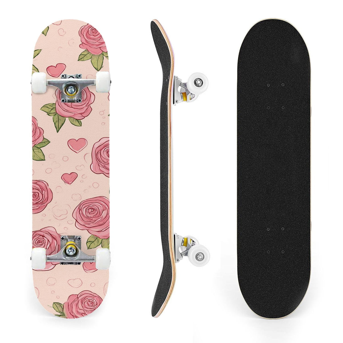 31"x8" Complete Skateboards for Beginners, Elegant Floral Pink Roses Blue Butterflies Double Kick 7 Ply Canadian Maple Deck Skateboard with Wheels, Gifts for Kids Teens