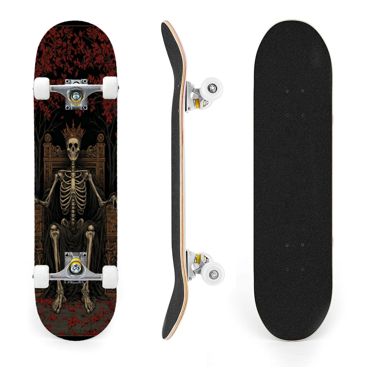 31"x8" Complete Skateboards for Beginners, Romantic Skeletons Blooming Roses Dark Academia Double Kick 7 Ply Canadian Maple Deck Skateboard with Wheels, Gifts for Kids Teens