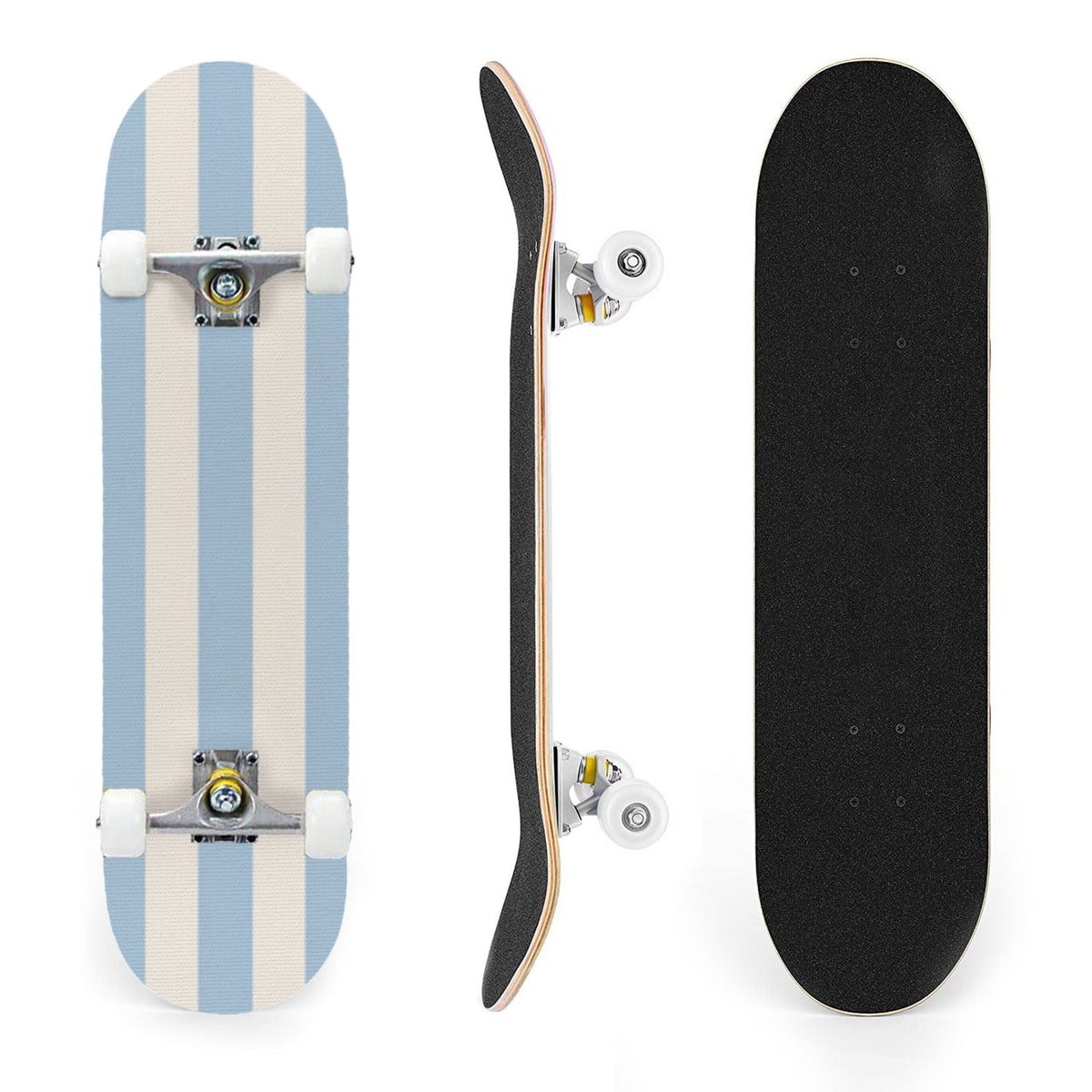 31"x8" Complete Skateboards for Beginners, Soft Blue Cream Striped Design Double Kick 7 Ply Canadian Maple Deck Skateboard with Wheels, Gifts for Kids Teens