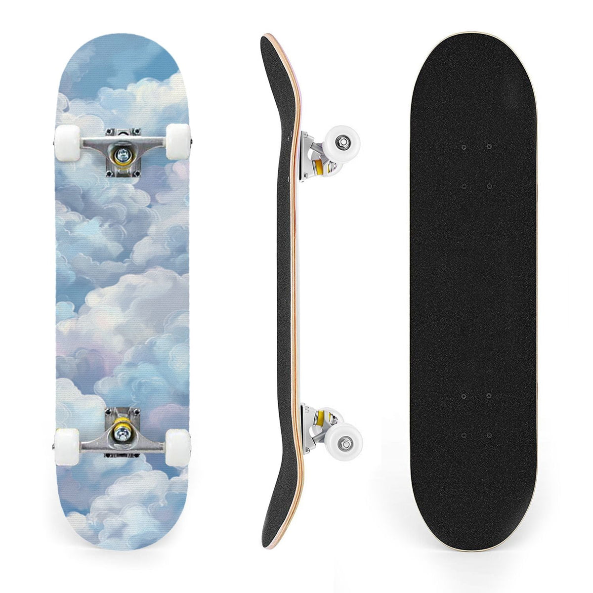 31"x8" Complete Skateboards for Beginners, Cute Light Blue Sky Cartoon Summer Decor Double Kick 7 Ply Canadian Maple Deck Skateboard with Wheels, Gifts for Kids Teens