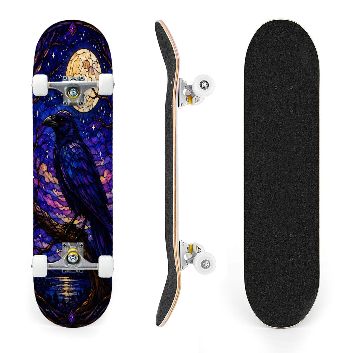 31"x8" Complete Skateboards for Beginners, Colorful Mushroom Floral Magical Night Forest Vintage Double Kick 7 Ply Canadian Maple Deck Skateboard with Wheels, Gifts for Kids Teens