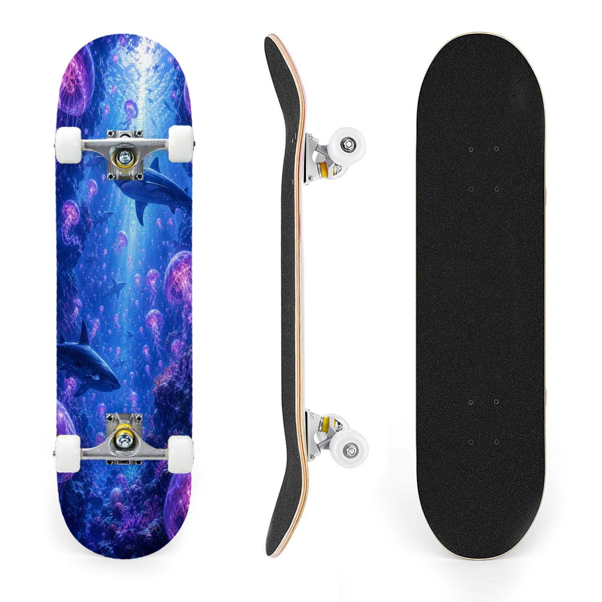 31"x8" Complete Skateboards for Beginners, Underwater Sharks Glowing Purple Jellyfish Marine Life Double Kick 7 Ply Canadian Maple Deck Skateboard with Wheels, Gifts for Kids Teens