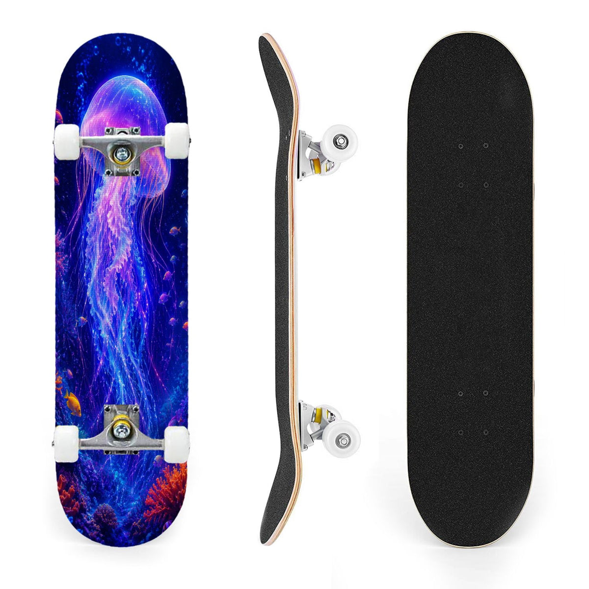31"x8" Complete Skateboards for Beginners, Underwater Sharks Glowing Purple Jellyfish Marine Life Double Kick 7 Ply Canadian Maple Deck Skateboard with Wheels, Gifts for Kids Teens