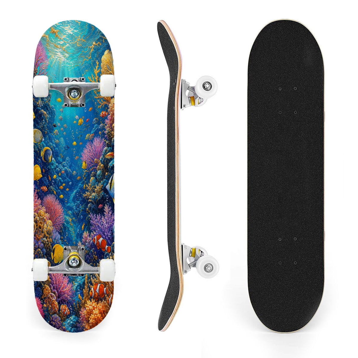 31"x8" Complete Skateboards for Beginners, Colorful Turtle Floral Shell Starry Night Marine Life Double Kick 7 Ply Canadian Maple Deck Skateboard with Wheels, Gifts for Kids Teens