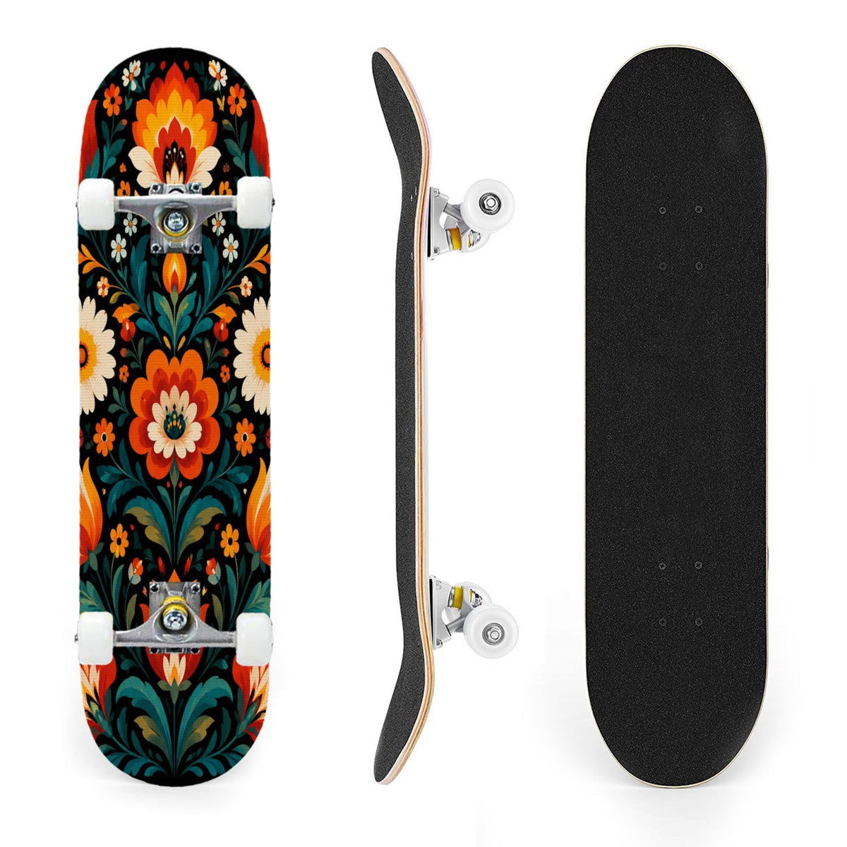 31"x8" Complete Skateboards for Beginners, Colorful Sugar Skull Vibrant Floral Day of the Dead Double Kick 7 Ply Canadian Maple Deck Skateboard with Wheels, Gifts for Kids Teens