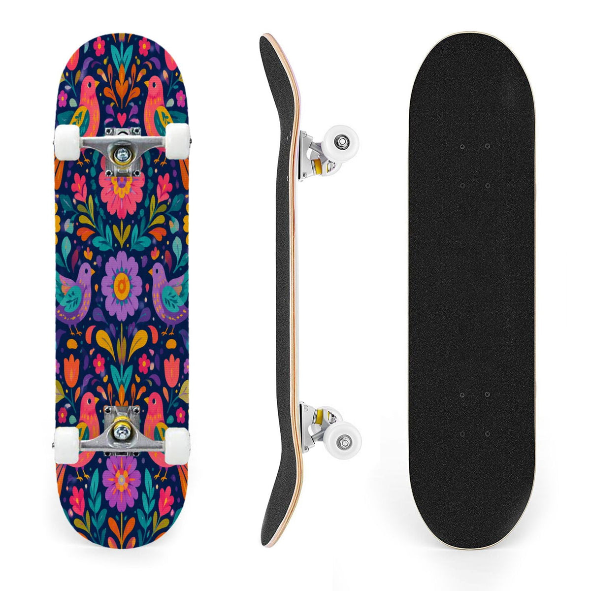 31"x8" Complete Skateboards for Beginners, Colorful Sugar Skull Vibrant Floral Day of the Dead Double Kick 7 Ply Canadian Maple Deck Skateboard with Wheels, Gifts for Kids Teens