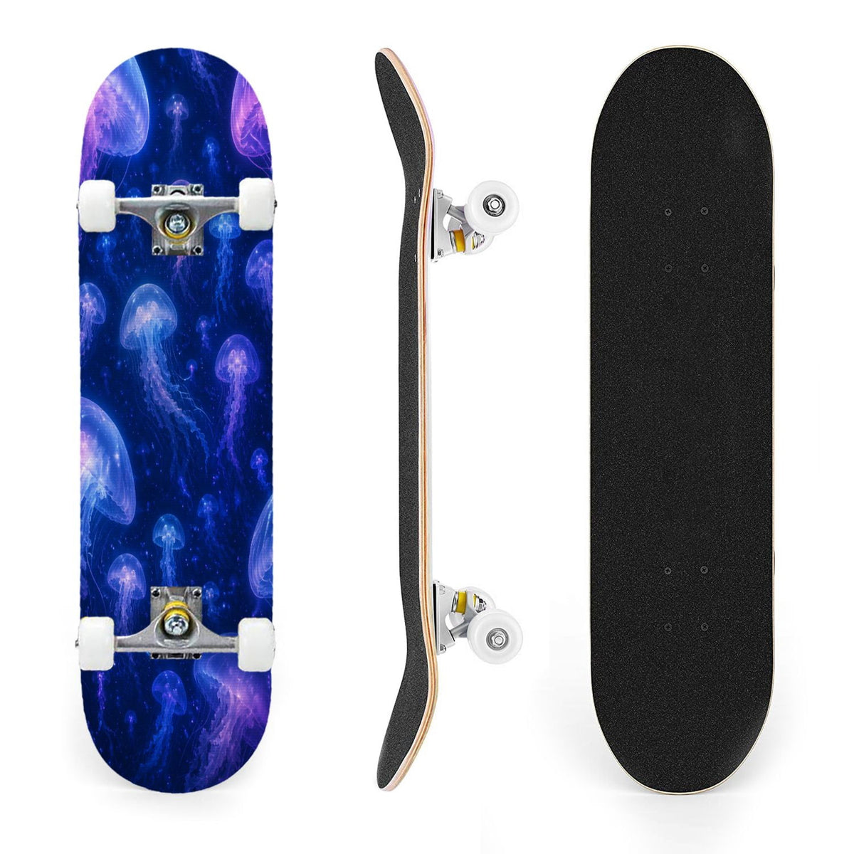 31"x8" Complete Skateboards for Beginners, Seashell Starfish Blue White Nautical Marine Life Double Kick 7 Ply Canadian Maple Deck Skateboard with Wheels, Gifts for Kids Teens