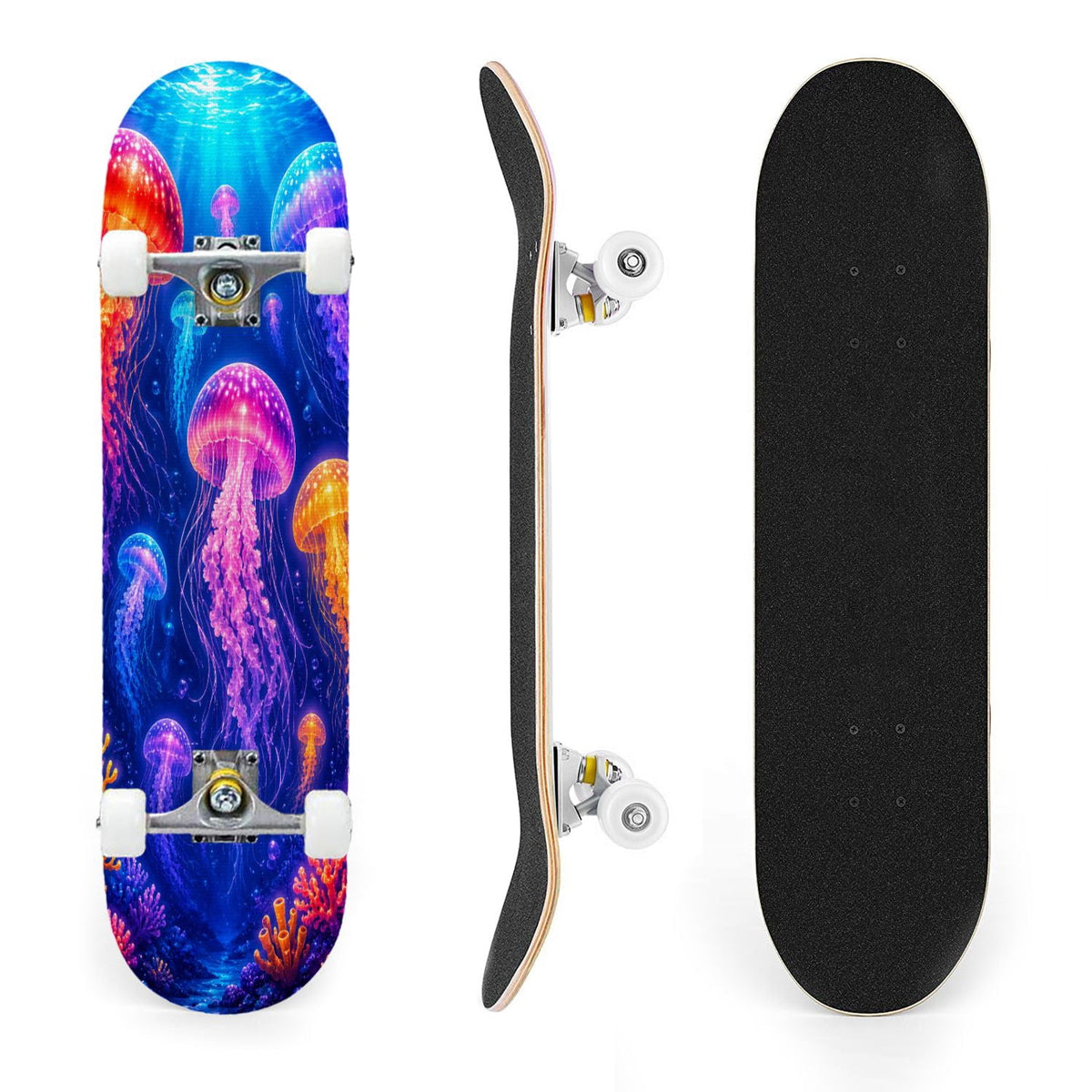 31"x8" Complete Skateboards for Beginners, Colorful Underwater Two Seahorses Coral Reefs Double Kick 7 Ply Canadian Maple Deck Skateboard with Wheels, Gifts for Kids Teens