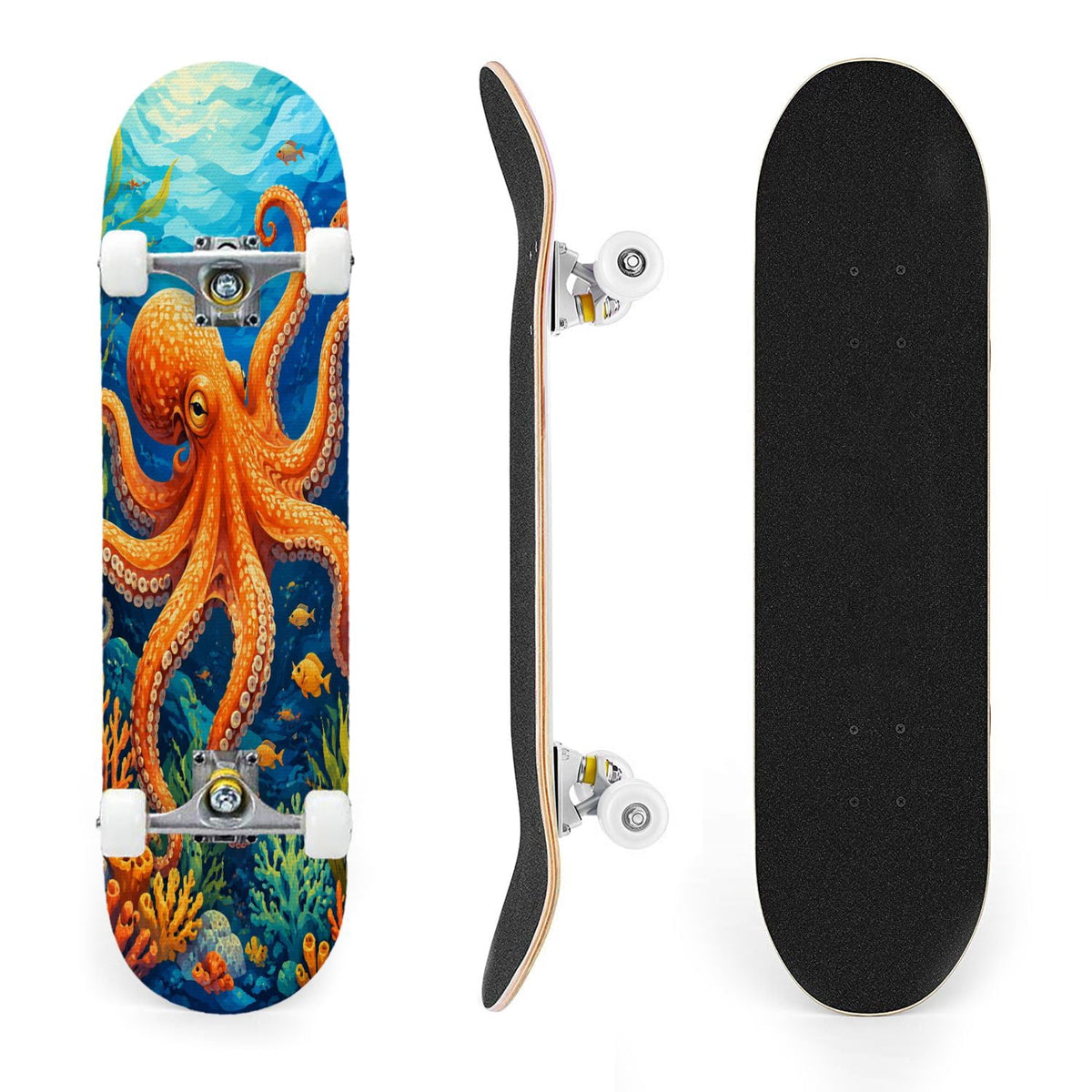 31"x8" Complete Skateboards for Beginners, Colorful Cosmic Octopus Tentacles Starry Marine Life Double Kick 7 Ply Canadian Maple Deck Skateboard with Wheels, Gifts for Kids Teens