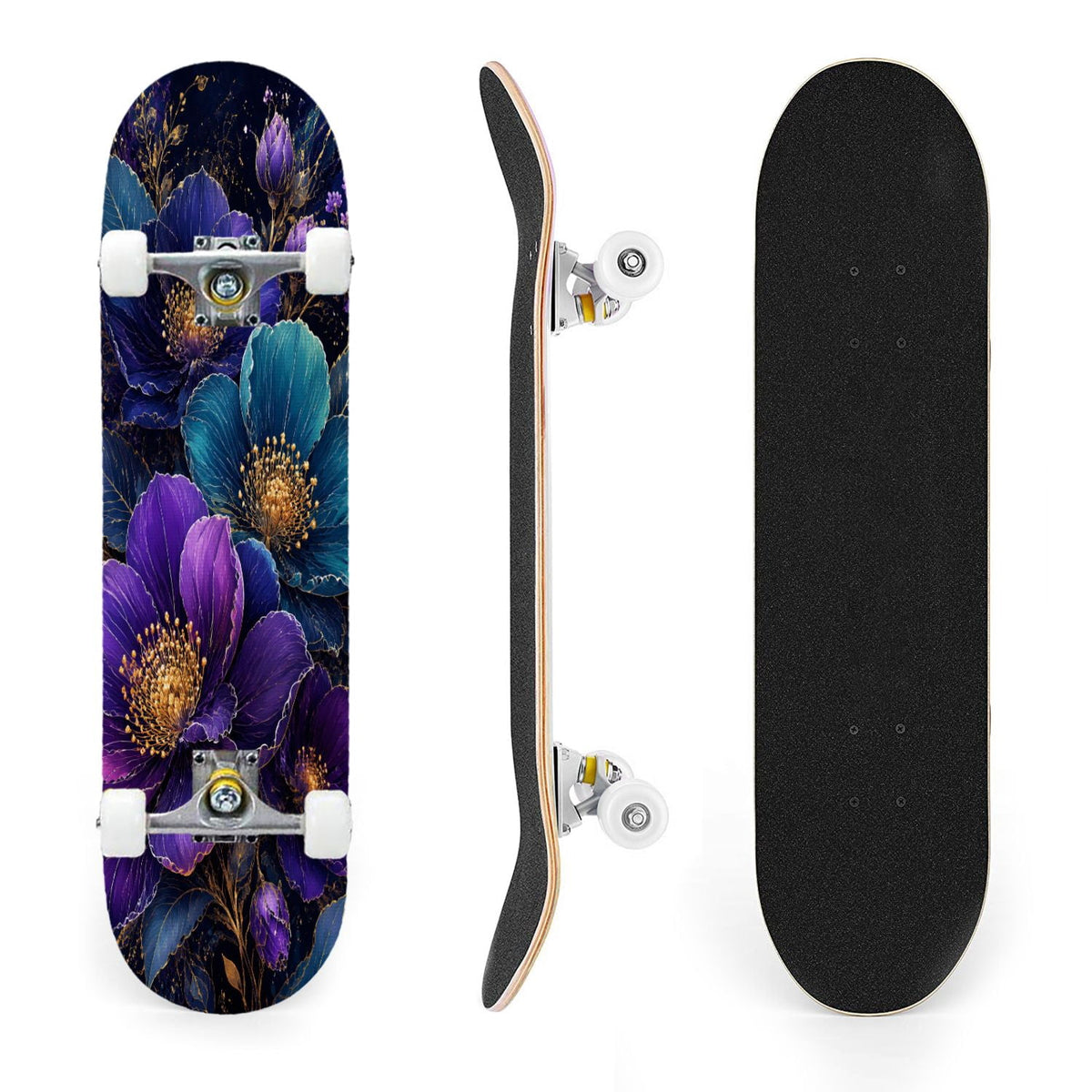 31"x8" Complete Skateboards for Beginners, Vibrant Purple Teal Floral Artwork Golden Accents Vintage Double Kick 7 Ply Canadian Maple Deck Skateboard with Wheels, Gifts for Kids Teens