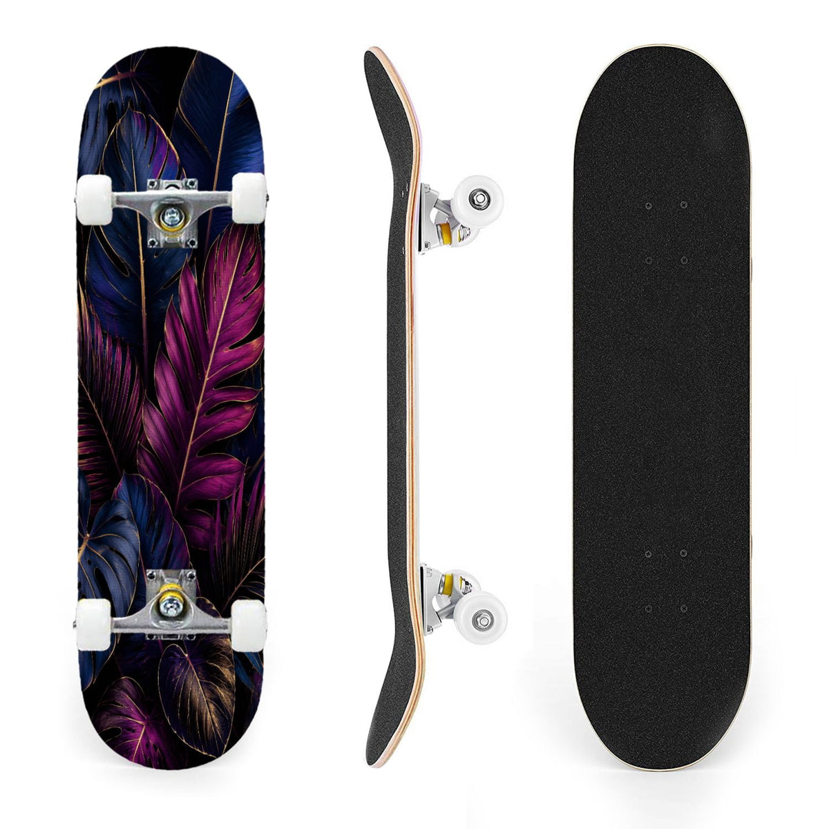 31"x8" Complete Skateboards for Beginners, Vibrant Purple Teal Floral Artwork Golden Accents Vintage Double Kick 7 Ply Canadian Maple Deck Skateboard with Wheels, Gifts for Kids Teens