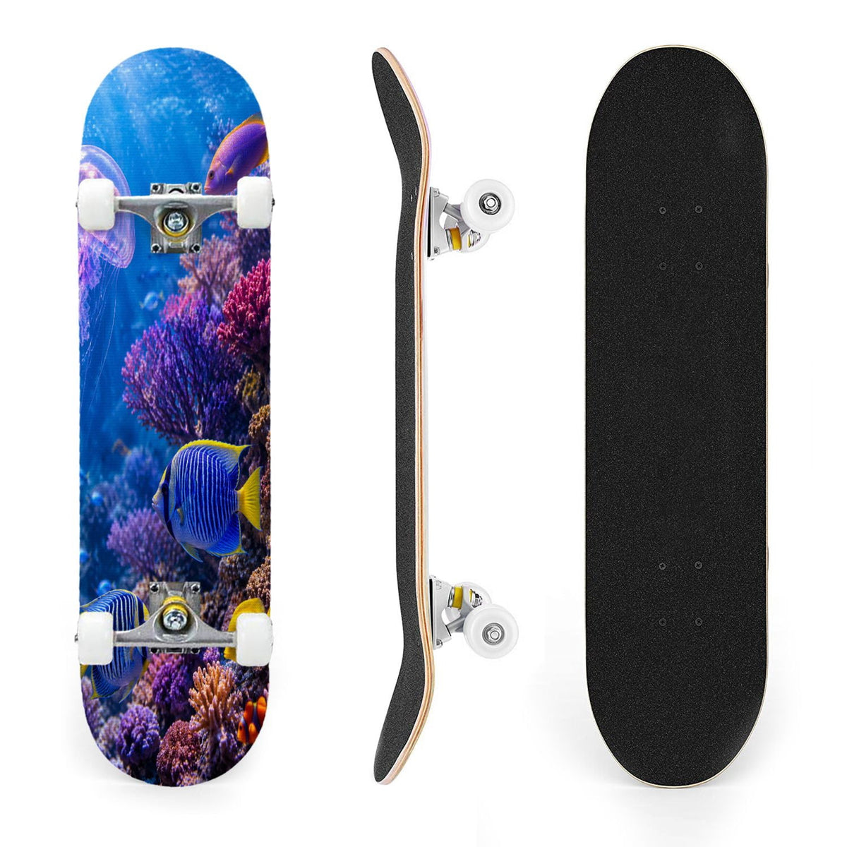 31"x8" Complete Skateboards for Beginners, Colorful Cosmic Octopus Tentacles Starry Marine Life Double Kick 7 Ply Canadian Maple Deck Skateboard with Wheels, Gifts for Kids Teens