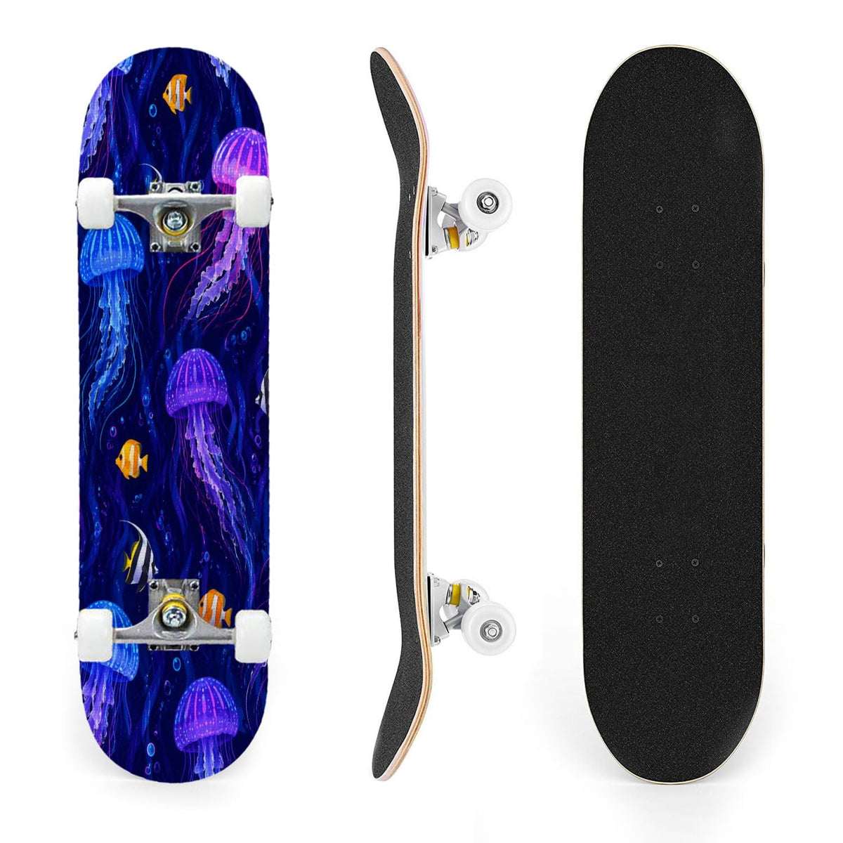 31"x8" Complete Skateboards for Beginners, Seashell Starfish Blue White Nautical Marine Life Double Kick 7 Ply Canadian Maple Deck Skateboard with Wheels, Gifts for Kids Teens