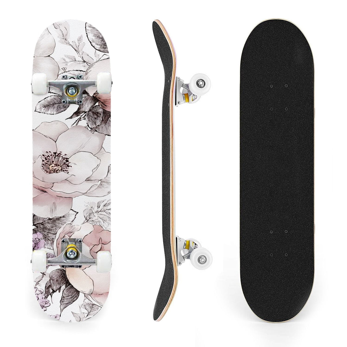 31"x8" Complete Skateboards for Beginners, Elegant Peony Floral Soft Pink White Tones Neutral Double Kick 7 Ply Canadian Maple Deck Skateboard with Wheels, Gifts for Kids Teens