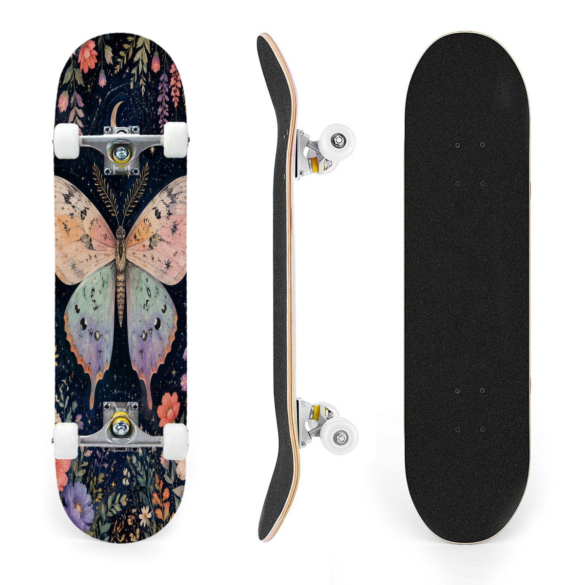 31"x8" Complete Skateboards for Beginners, Colorful Butterfly Blooming Flowers Under Full Moon Starry Double Kick 7 Ply Canadian Maple Deck Skateboard with Wheels, Gifts for Kids Teens