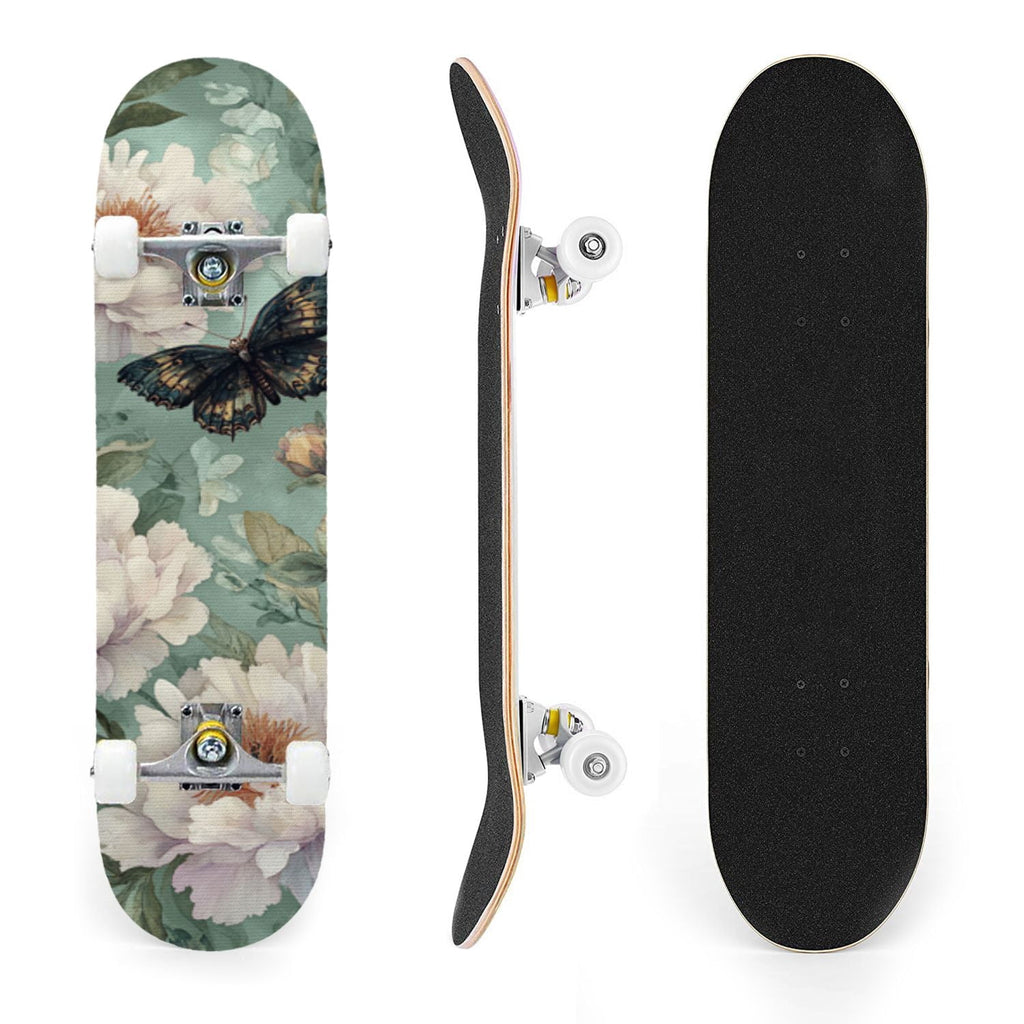 31"x8" Complete Skateboards for Beginners, Whimsical Butterfly Garden Watercolor Art Print Double Kick 7 Ply Canadian Maple Deck Skateboard with Wheels, Gifts for Kids Teens