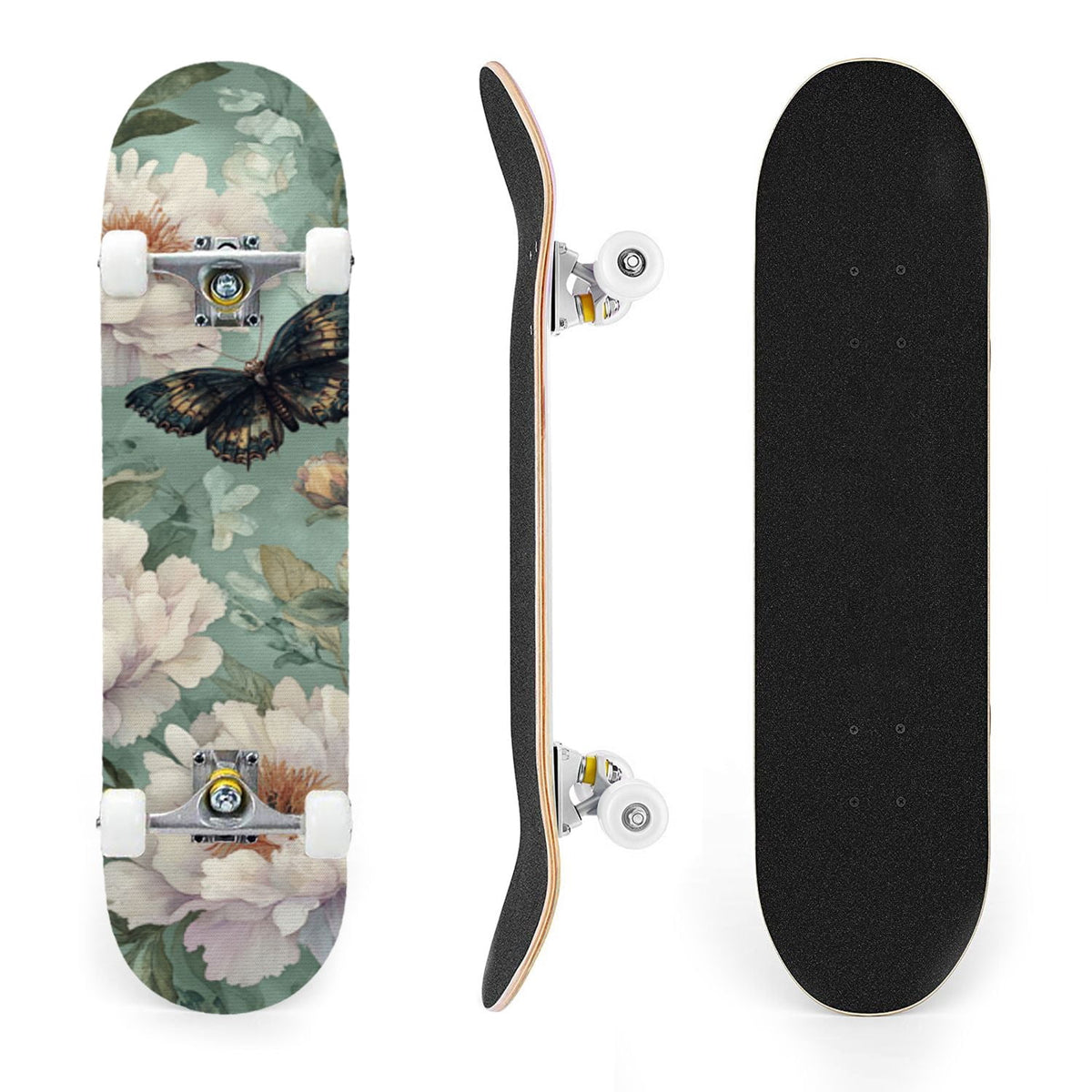 31"x8" Complete Skateboards for Beginners, Whimsical Butterfly Garden Watercolor Art Print Double Kick 7 Ply Canadian Maple Deck Skateboard with Wheels, Gifts for Kids Teens