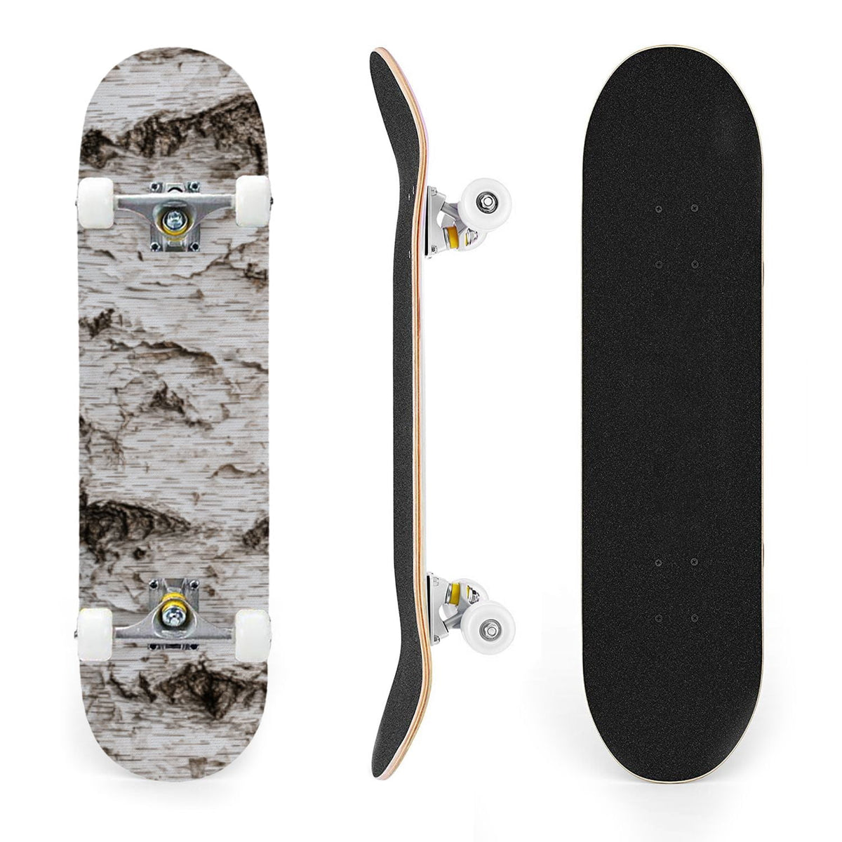 31"x8" Complete Skateboards for Beginners, White Birch Tree Bark Natural Knots Horizontal Lines Double Kick 7 Ply Canadian Maple Deck Skateboard with Wheels, Gifts for Kids Teens