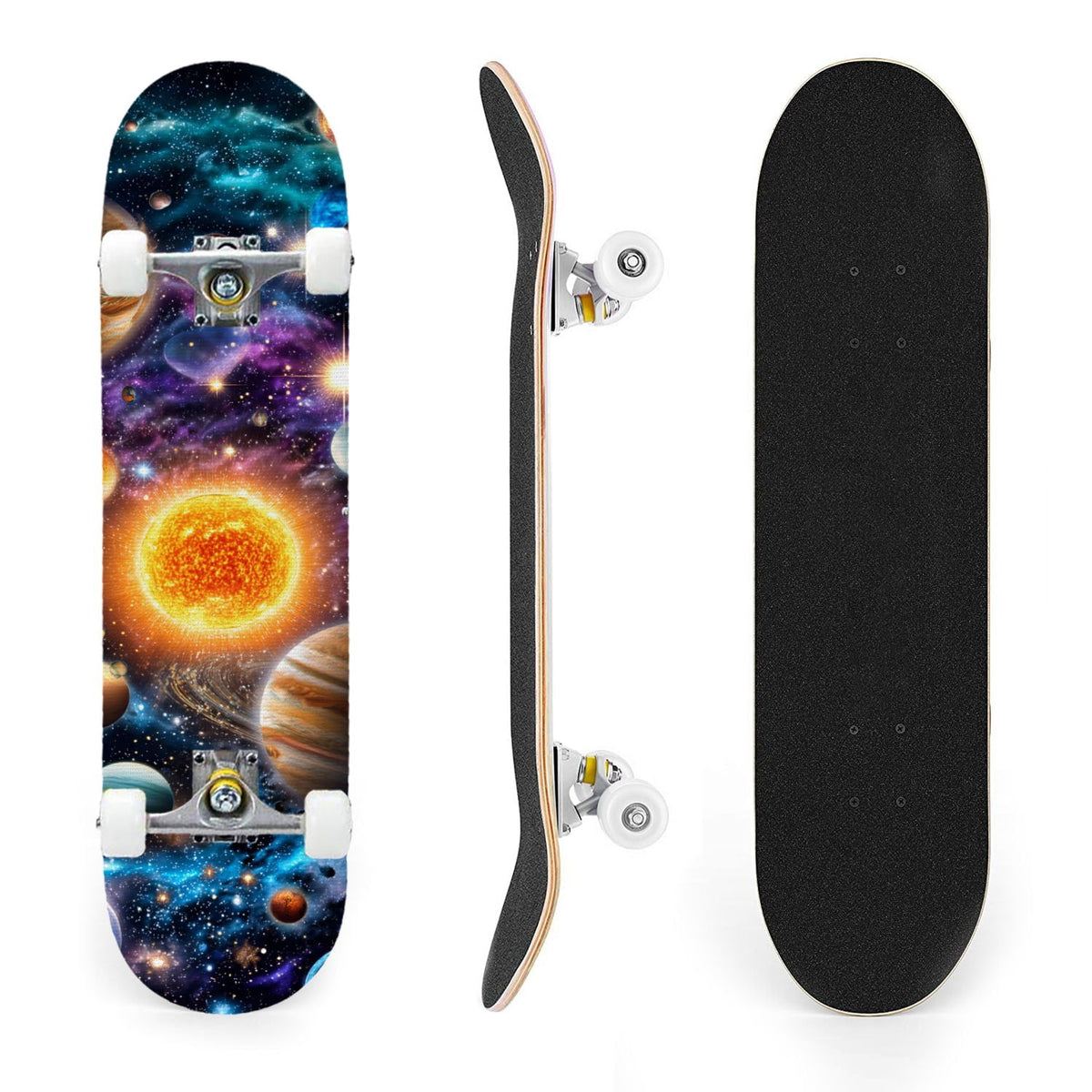 31"x8" Complete Skateboards for Beginners,Geometric Hexagon Glowing Neon Blue Purple Double Kick 7 Ply Canadian Maple Deck Skateboard with Wheels, Gifts for Kids Teens