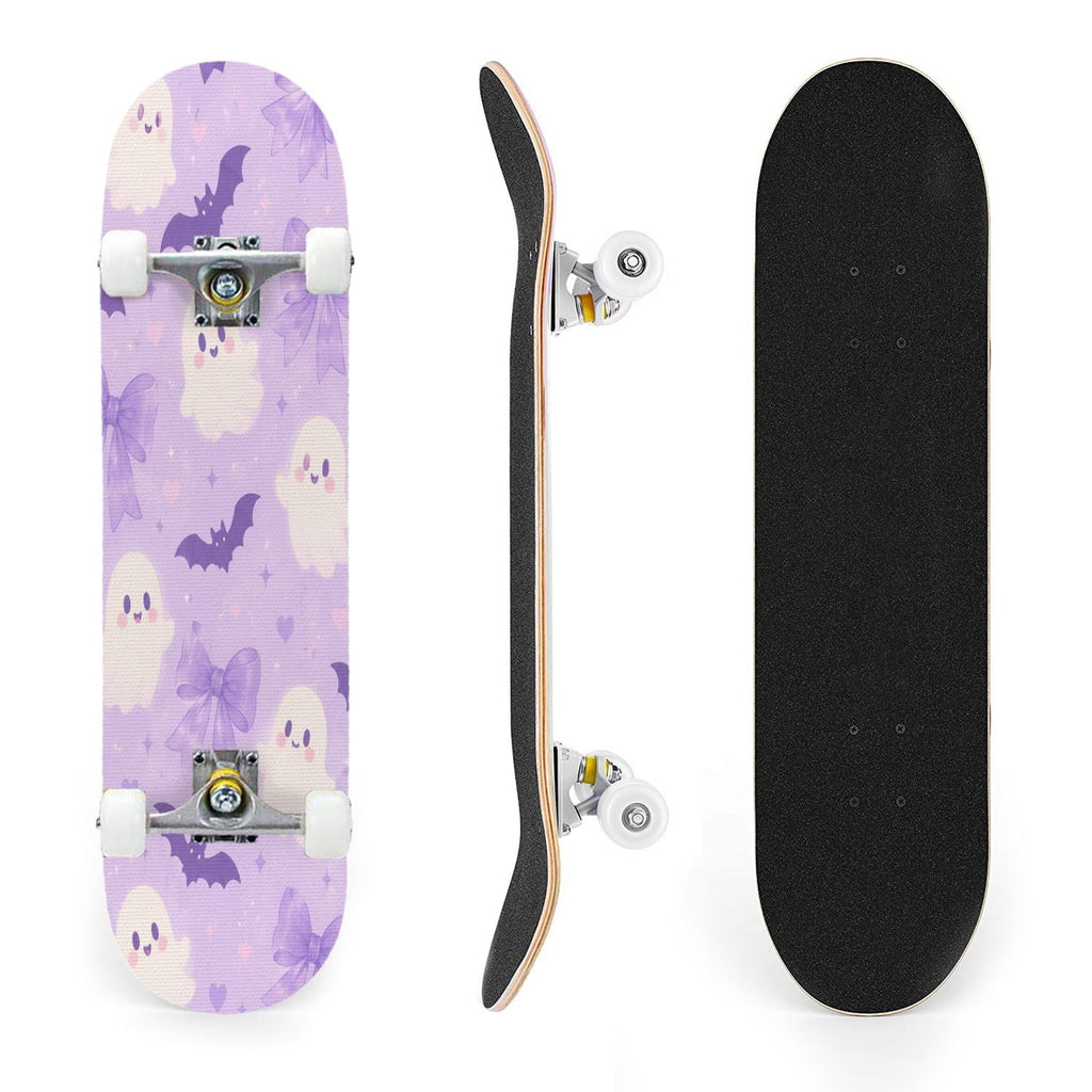 31"x8" Complete Skateboards for Beginners,Cute Ghosts Purple Bows Bats Lilac Halloween Double Kick 7 Ply Canadian Maple Deck Skateboard with Wheels, Gifts for Kids Teens
