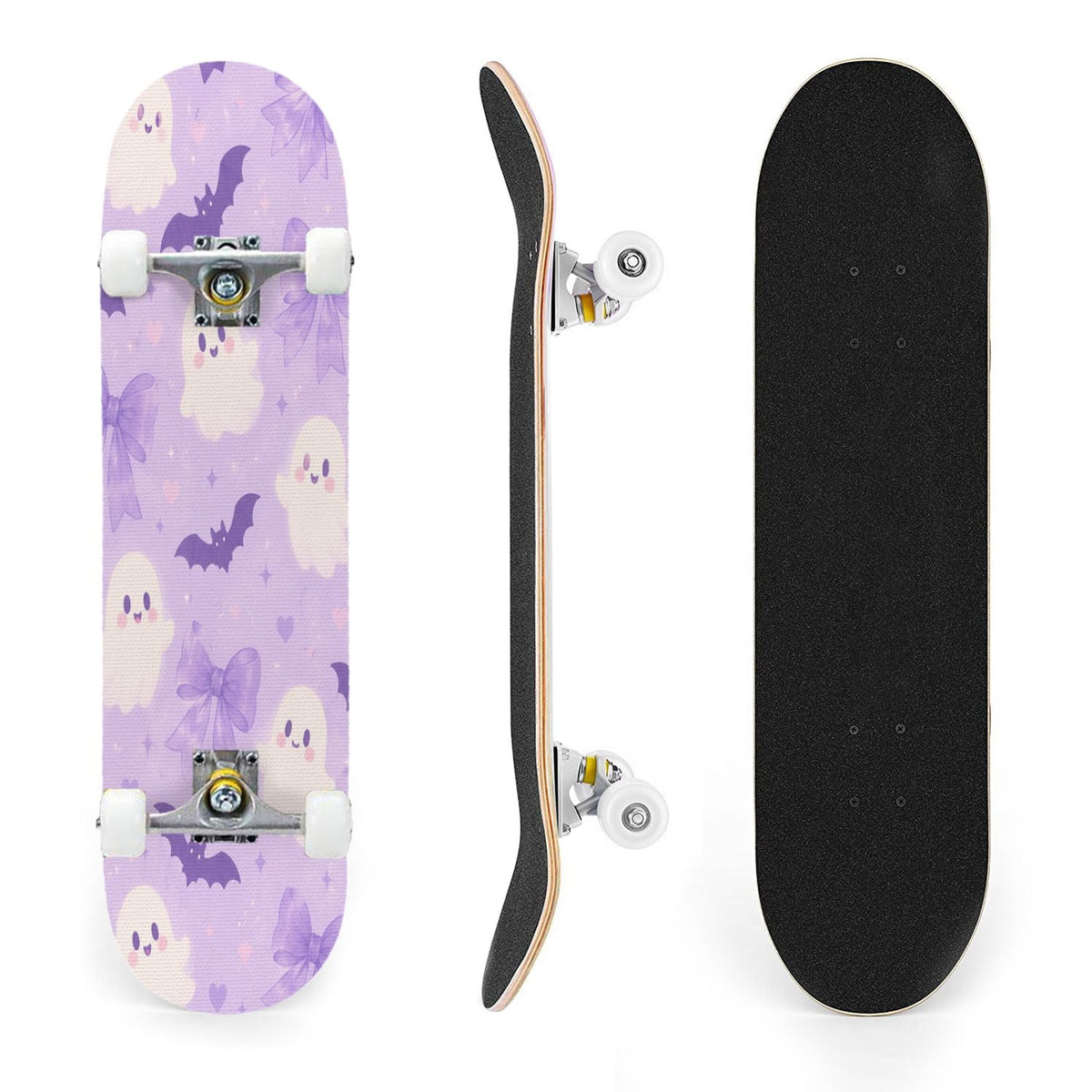 31"x8" Complete Skateboards for Beginners,Cute Ghosts Purple Bows Bats Lilac Halloween Double Kick 7 Ply Canadian Maple Deck Skateboard with Wheels, Gifts for Kids Teens