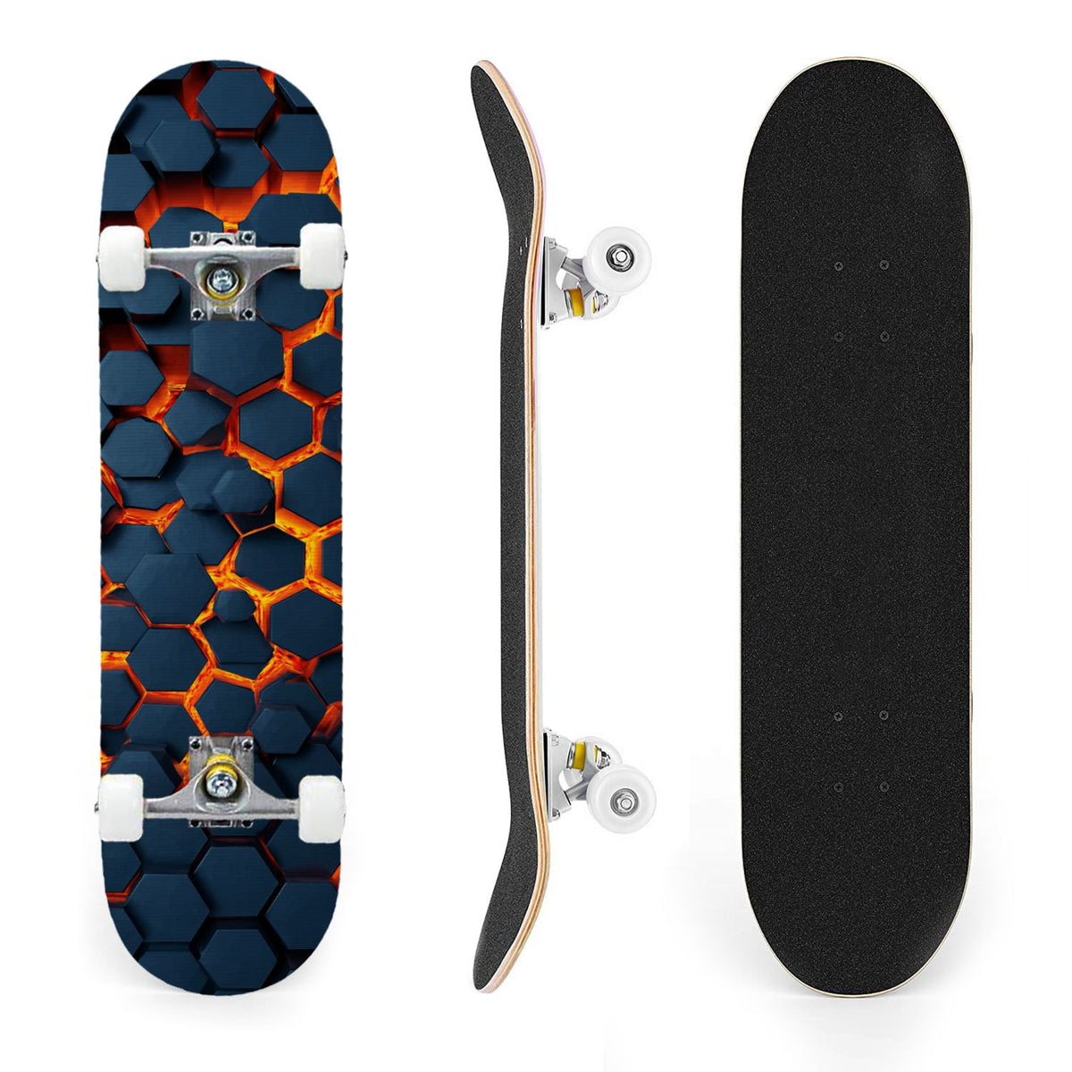 31"x8" Complete Skateboards for Beginners,Geometric Hexagon Glowing Neon Blue Purple Double Kick 7 Ply Canadian Maple Deck Skateboard with Wheels, Gifts for Kids Teens