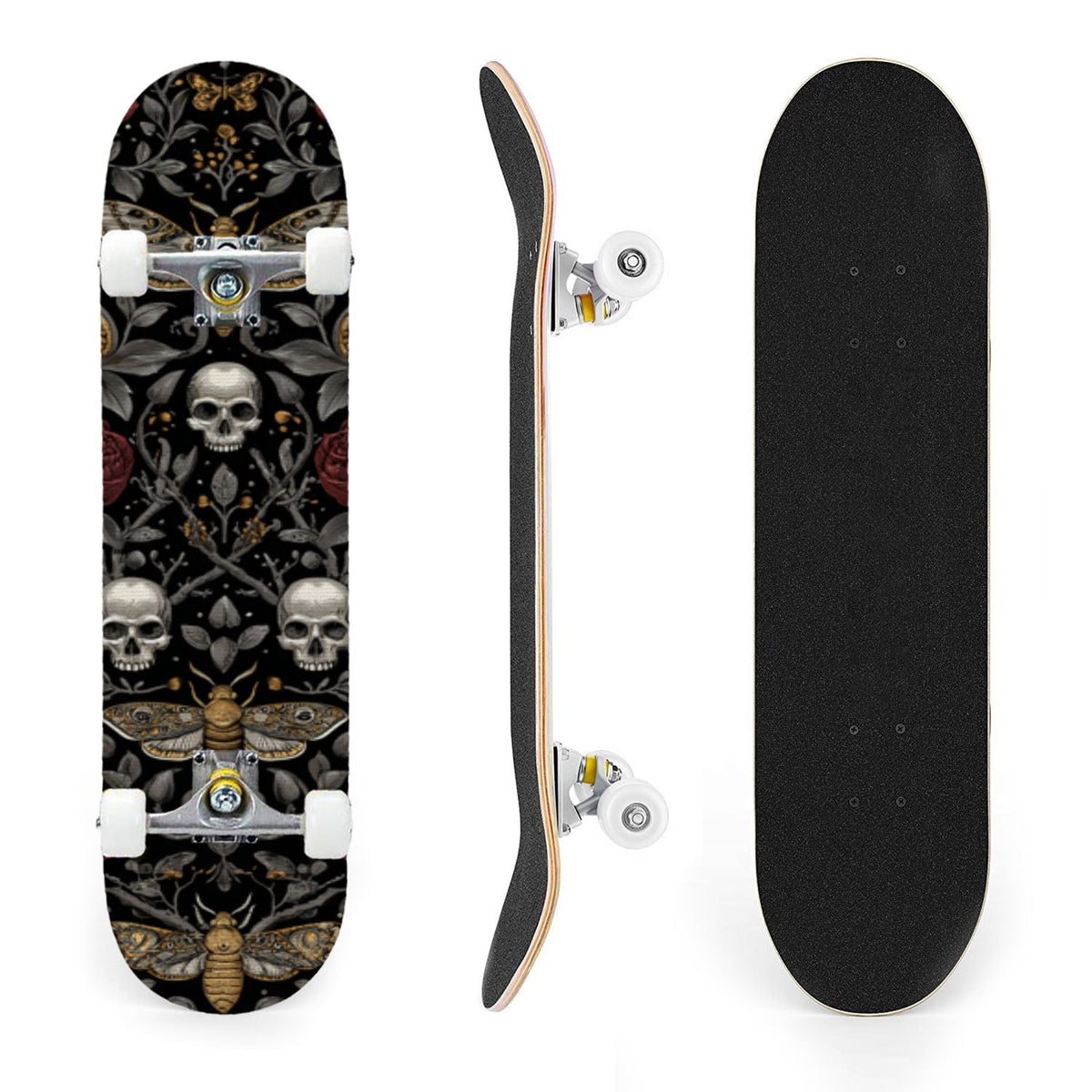 31"x8" Complete Skateboards for Beginners,Whimsical Blue Butterflies Green Foliage Dark Night Fantasy Double Kick 7 Ply Canadian Maple Deck Skateboard with Wheels, Gifts for Kids Teens