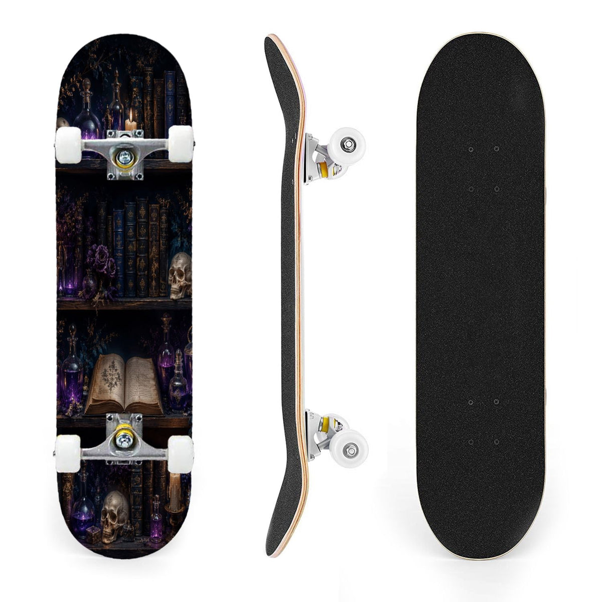 31"x8" Complete Skateboards for Beginners,Vintage Botanical Skull Flowers Elements Dark Double Kick 7 Ply Canadian Maple Deck Skateboard with Wheels, Gifts for Kids Teens