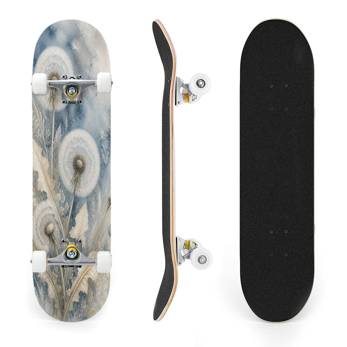 31"x8" Complete Skateboards for Beginners,Blue White Vintage Floral Roses Ornate Swirls Double Kick 7 Ply Canadian Maple Deck Skateboard with Wheels, Gifts for Kids Teens