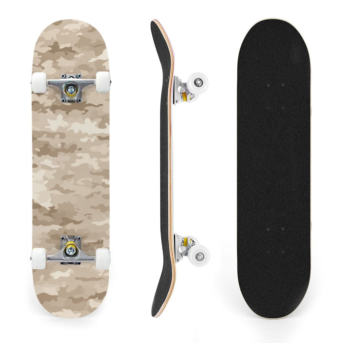 31"x8" Complete Skateboards for Beginners,Desert Camouflage Beige Tan Cream Organic Abstract Shapes Double Kick 7 Ply Canadian Maple Deck Skateboard with Wheels, Gifts for Kids Teens