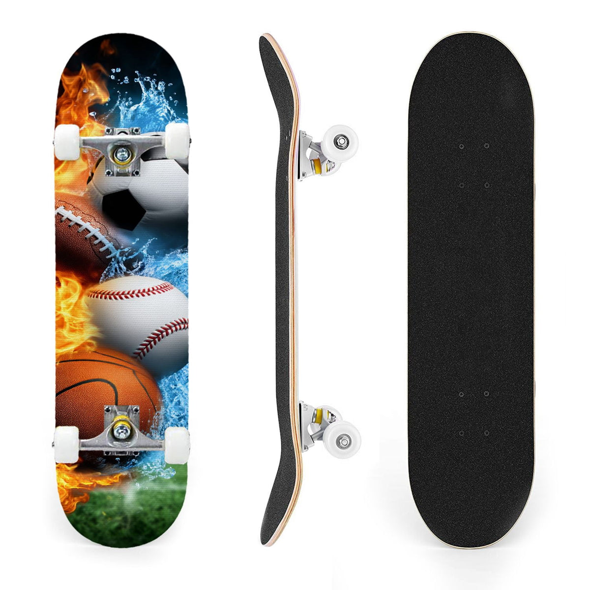 31"x8" Complete Skateboards for Beginners,Close up Baseball Red Stitches Leather Double Kick 7 Ply Canadian Maple Deck Skateboard with Wheels, Sports Gifts for Kids Teens