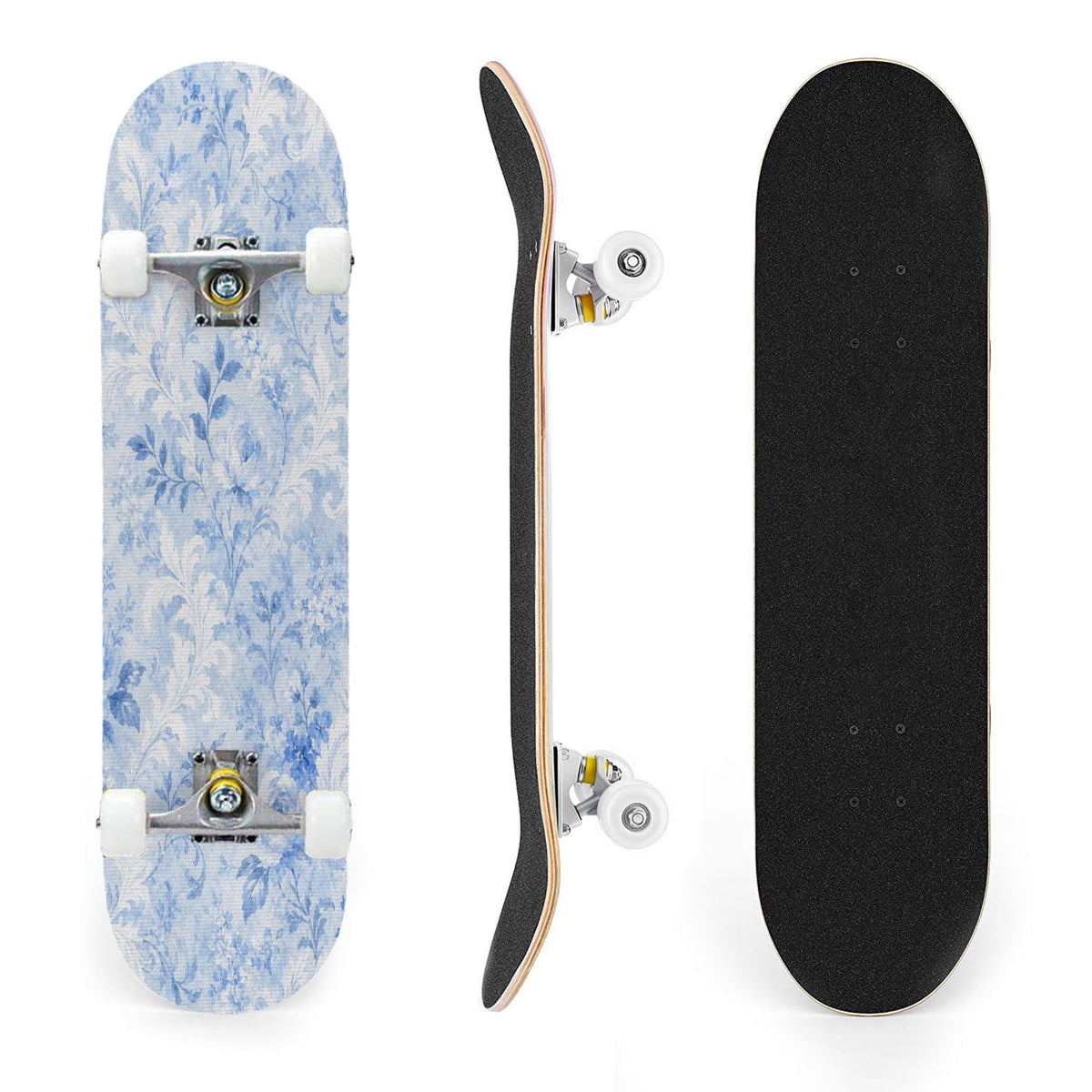 31"x8" Complete Skateboards for Beginners,Blue Botanical Leaf White Double Kick 7 Ply Canadian Maple Deck Skateboard with Wheels, Gifts for Kids Teens