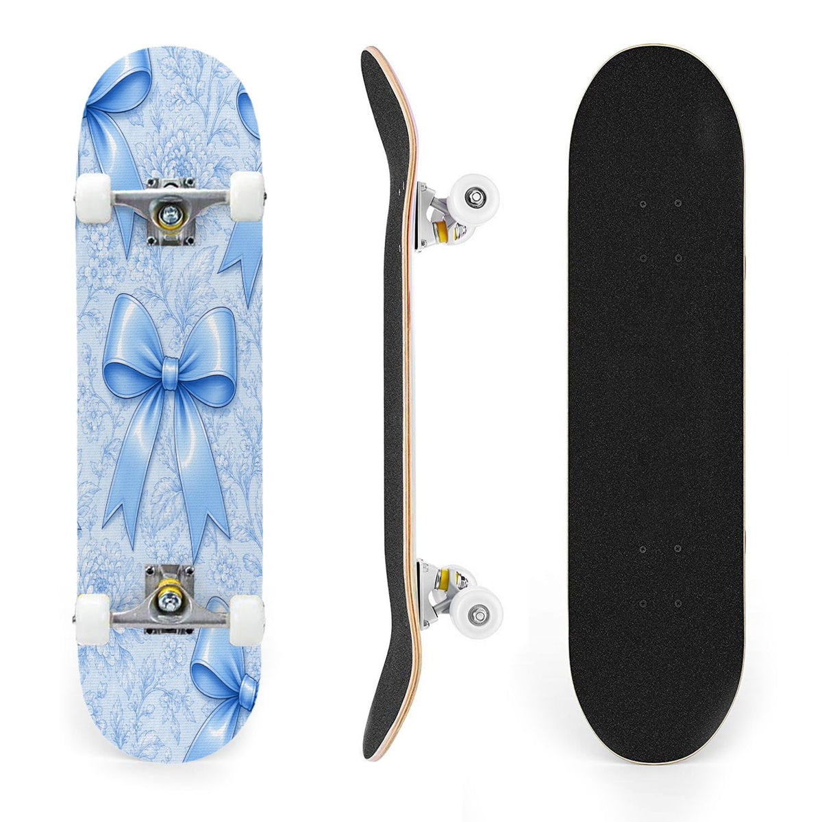 31"x8" Complete Skateboards for Beginners,Elegant White Blue Flowers Soft Petals Dreamy Artistic Double Kick 7 Ply Canadian Maple Deck Skateboard with Wheels, Gifts for Kids Teens