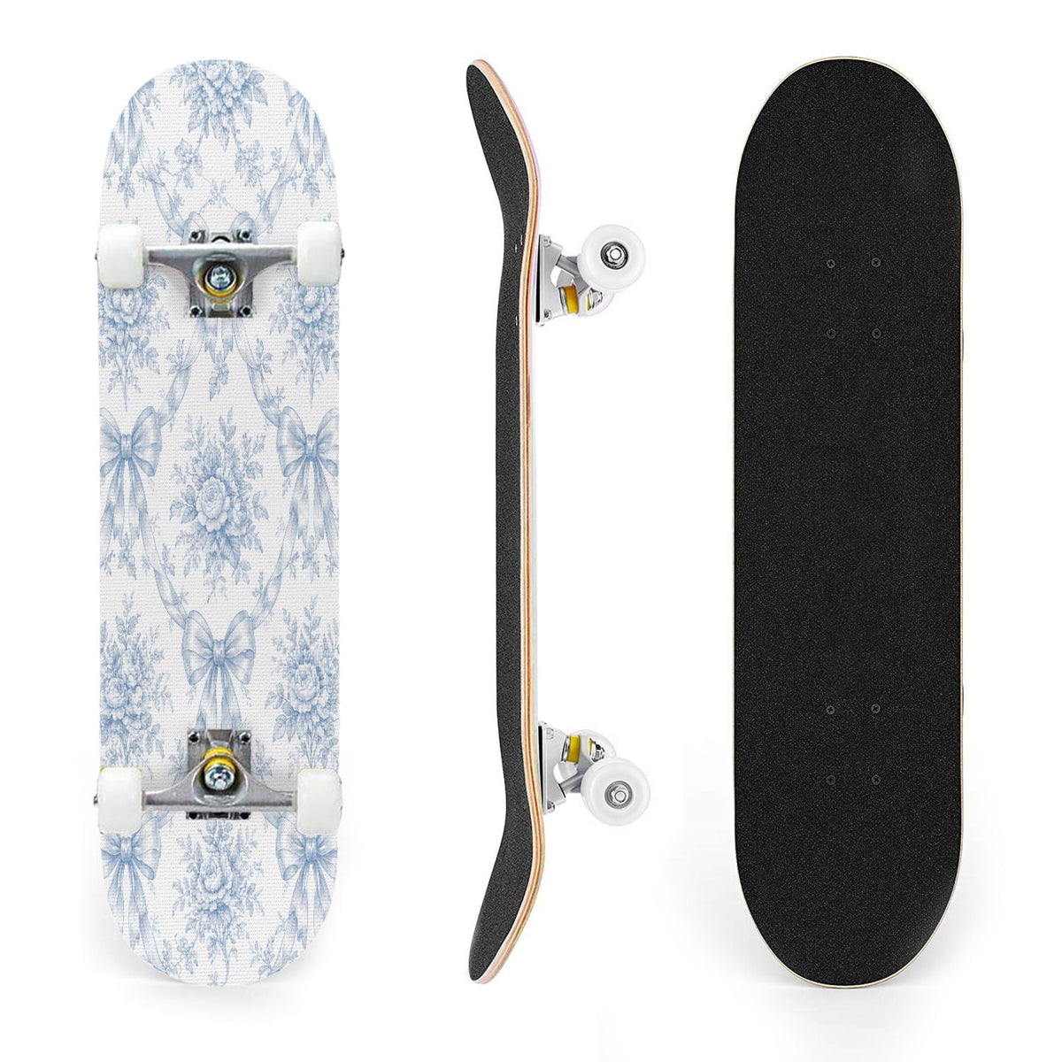 31"x8" Complete Skateboards for Beginners,Blue White Vintage Floral Roses Ornate Swirls Double Kick 7 Ply Canadian Maple Deck Skateboard with Wheels, Gifts for Kids Teens