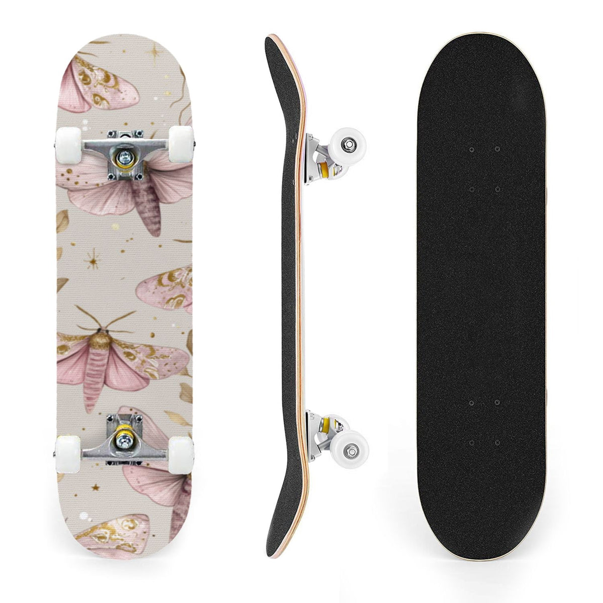 31"x8" Complete Skateboards for Beginners,Whimsical Moths Flowers Pastel Colors Stars Moon Mystical Double Kick 7 Ply Canadian Maple Deck Skateboard with Wheels, Gifts for Kids Teens