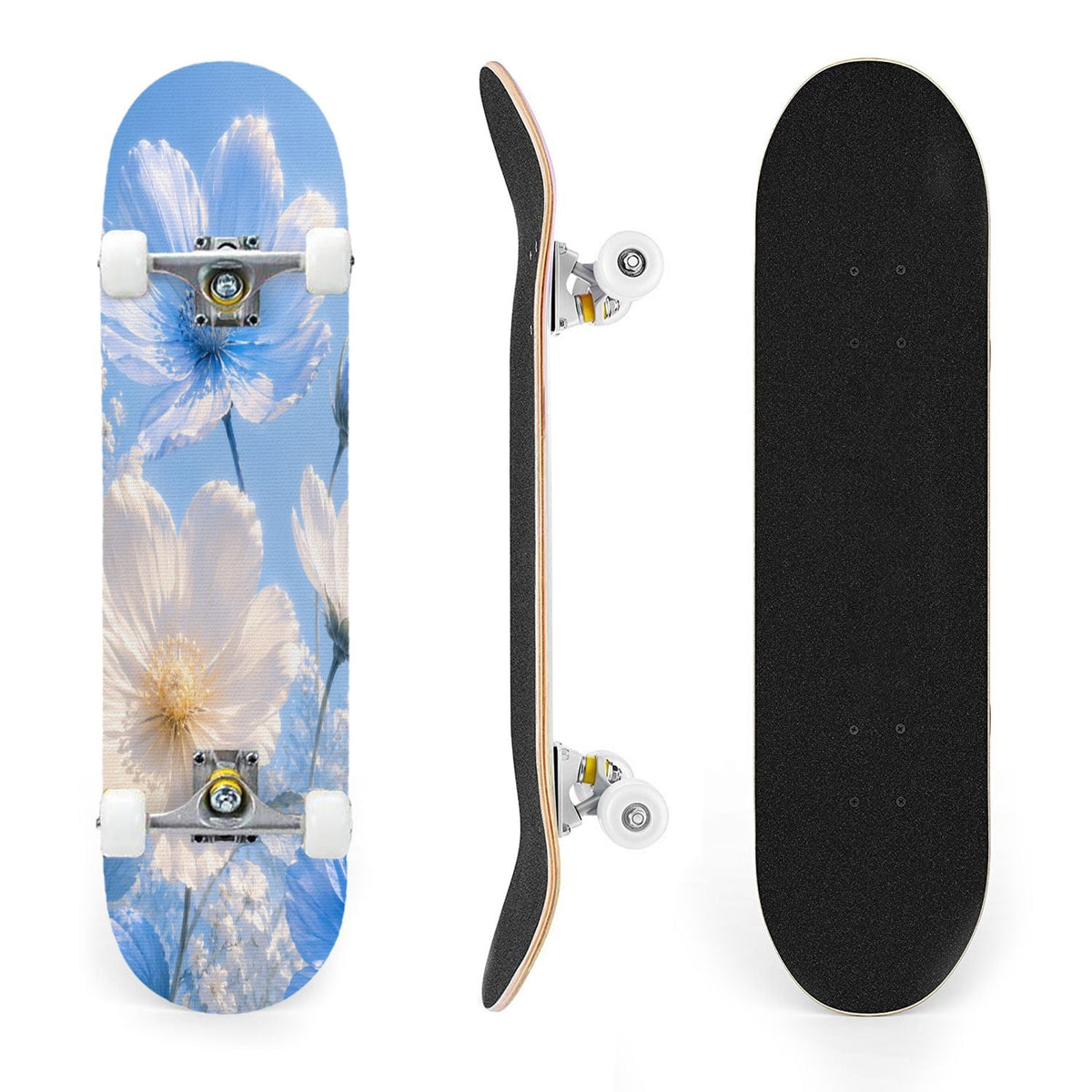 31"x8" Complete Skateboards for Beginners,Elegant White Blue Flowers Soft Petals Dreamy Artistic Double Kick 7 Ply Canadian Maple Deck Skateboard with Wheels, Gifts for Kids Teens