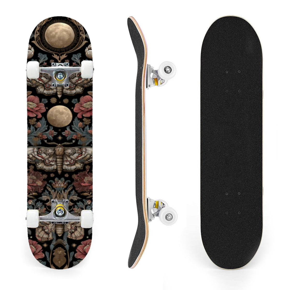 31"x8" Complete Skateboards for Beginners,Whimsical Moths Flowers Pastel Colors Stars Moon Mystical Double Kick 7 Ply Canadian Maple Deck Skateboard with Wheels, Gifts for Kids Teens