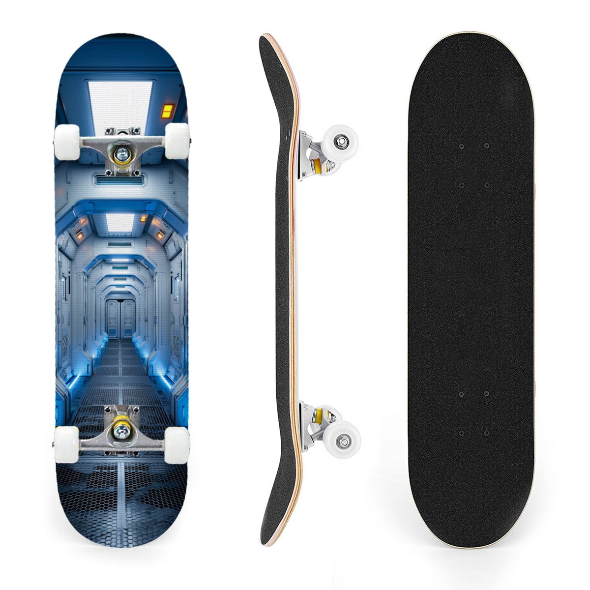 31"x8" Complete Skateboards for Beginners,Black Hexagon Honeycomb Glowing Blue Accents Double Kick 7 Ply Canadian Maple Deck Skateboard with Wheels, Gifts for Kids Teens